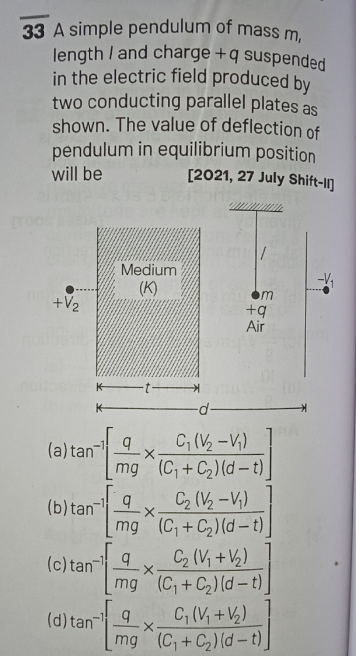 33 A simple pendulum of mass m1​ length I and charge +q suspended in t