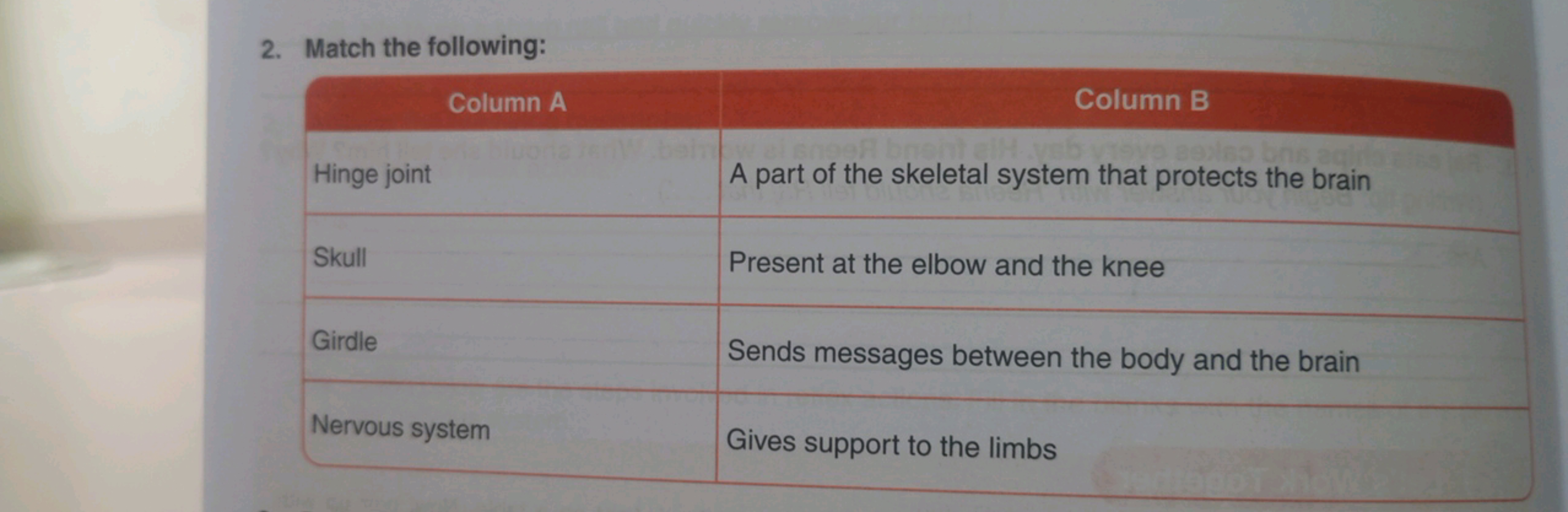 2. Match the following:
Column AColumn BHinge jointA part of the skele