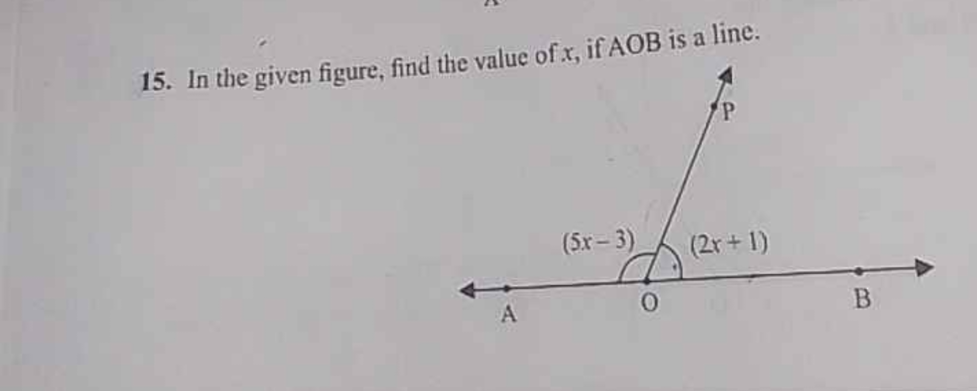 15. In the given figure, find the value of x, if AOB is a line.