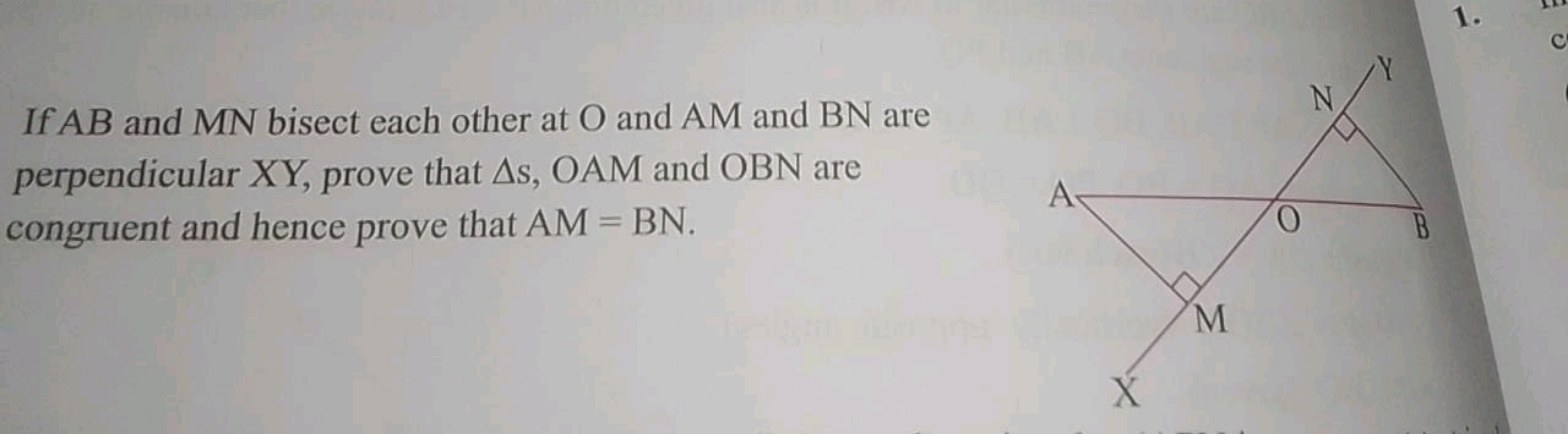 If AB and MN bisect each other at O and AM and BN are perpendicular XY