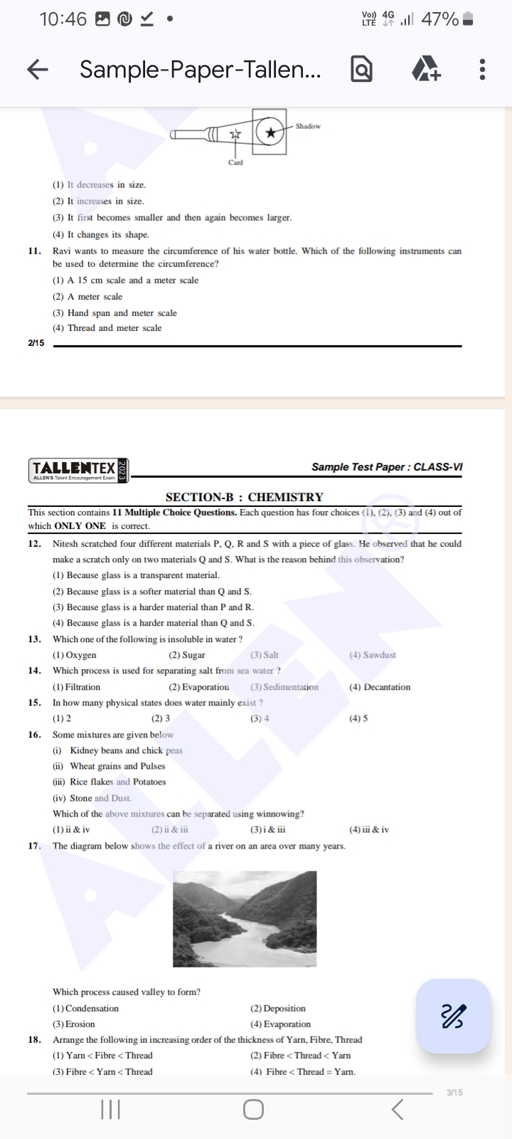 10:46
Vou) 4G
47\%
← Sample-Paper-Tallen...
(1) It decreases in size.
