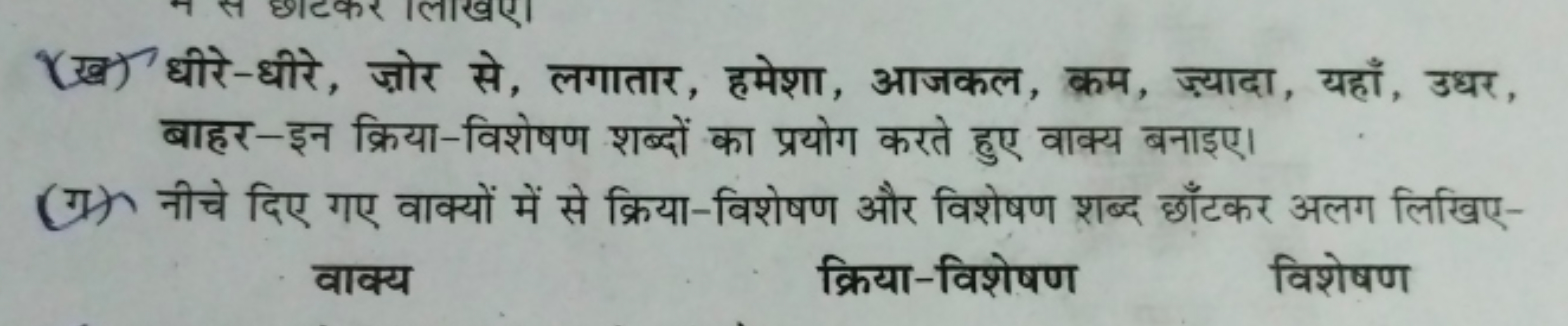 (ख) धीरे-धीरे, ज़ोर से, लगातार, हमेशा, आजकल, क्रम, ज्यादा, यहाँ, उधर, 