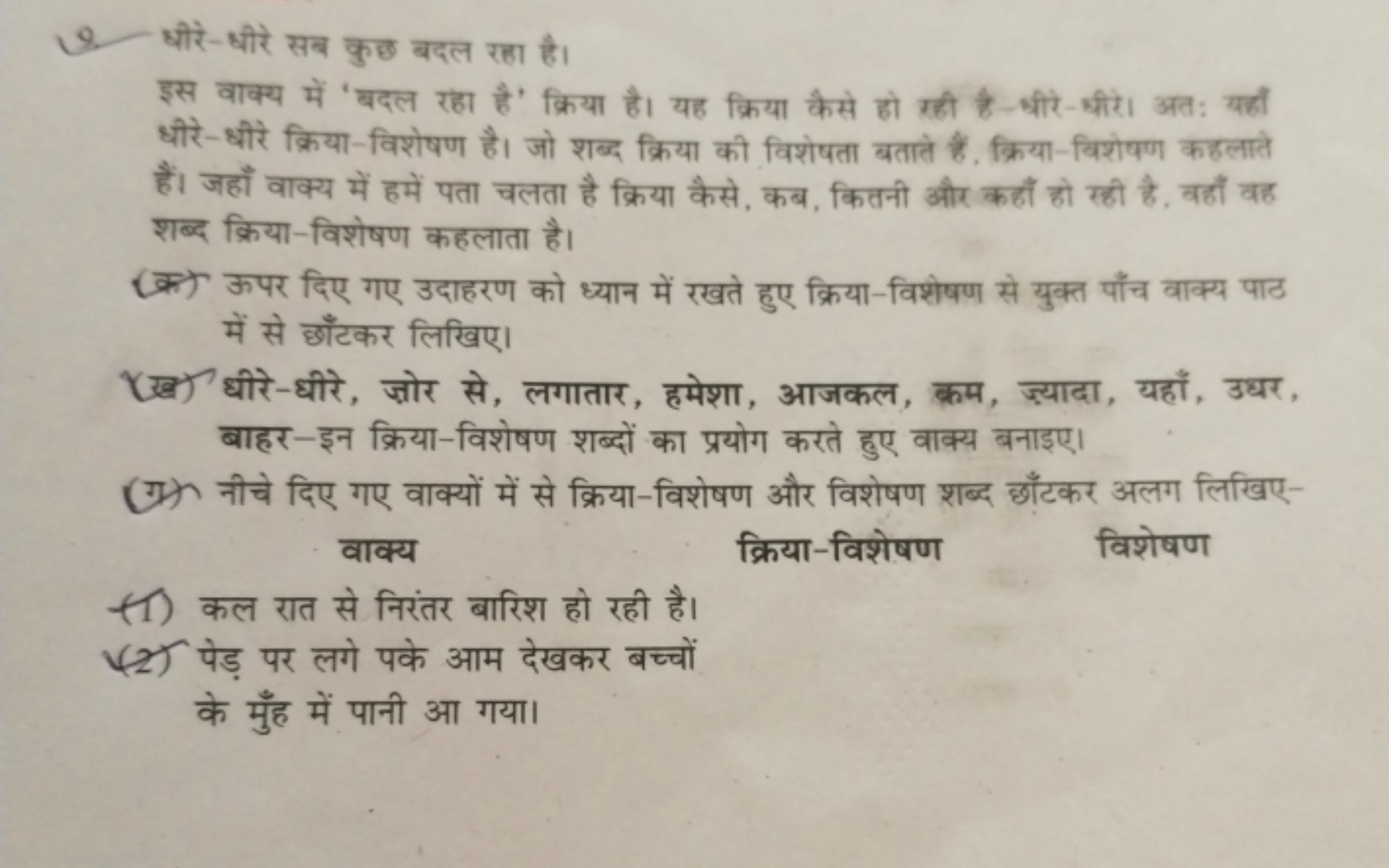 9. धीरे-धीरे सब कुछ बदल रहा है।

इस वाक्य में 'बदल रहा है' क्रिया है। 