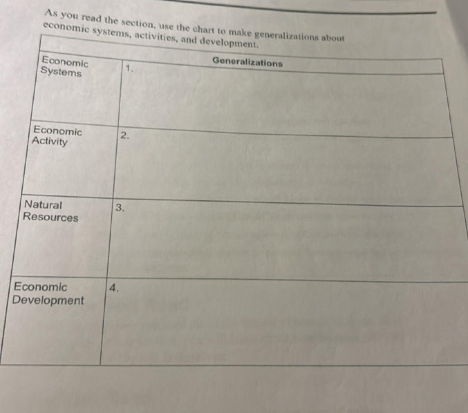 As you read the section, use the chart to make generalizations about e