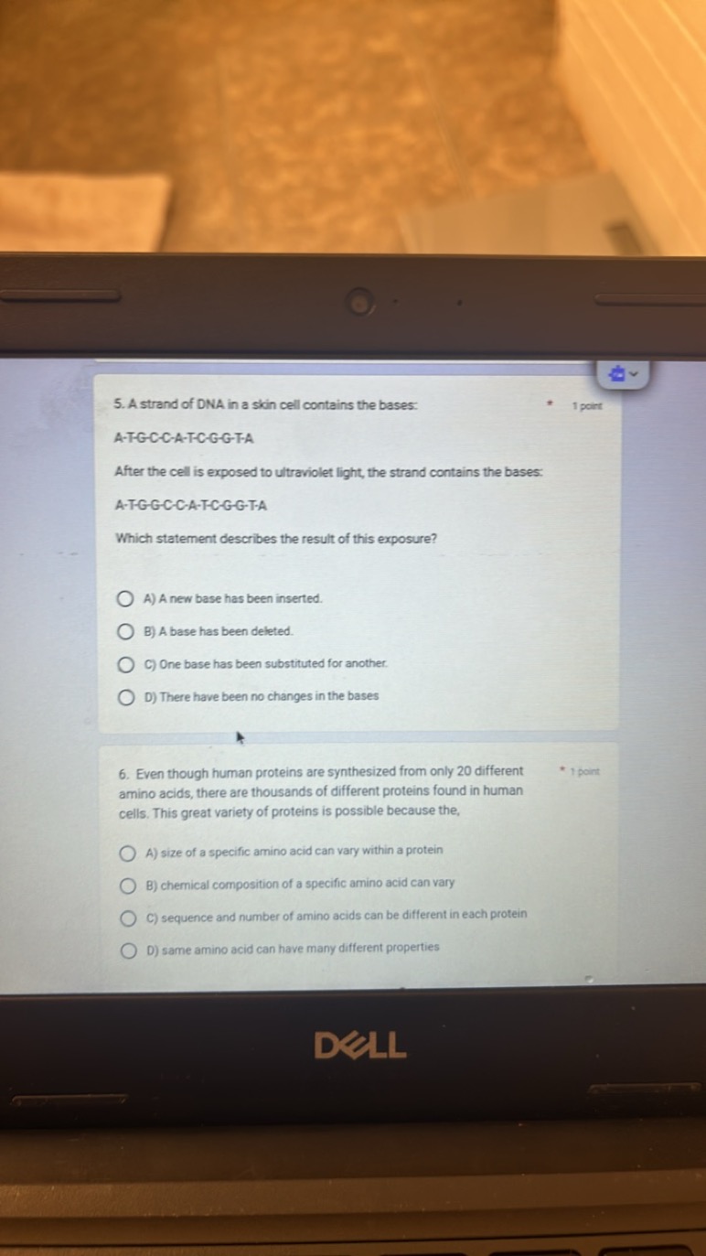 5. A strand of DNA in a skin cell contains the bases:
1 poirt
A-TGGC-C