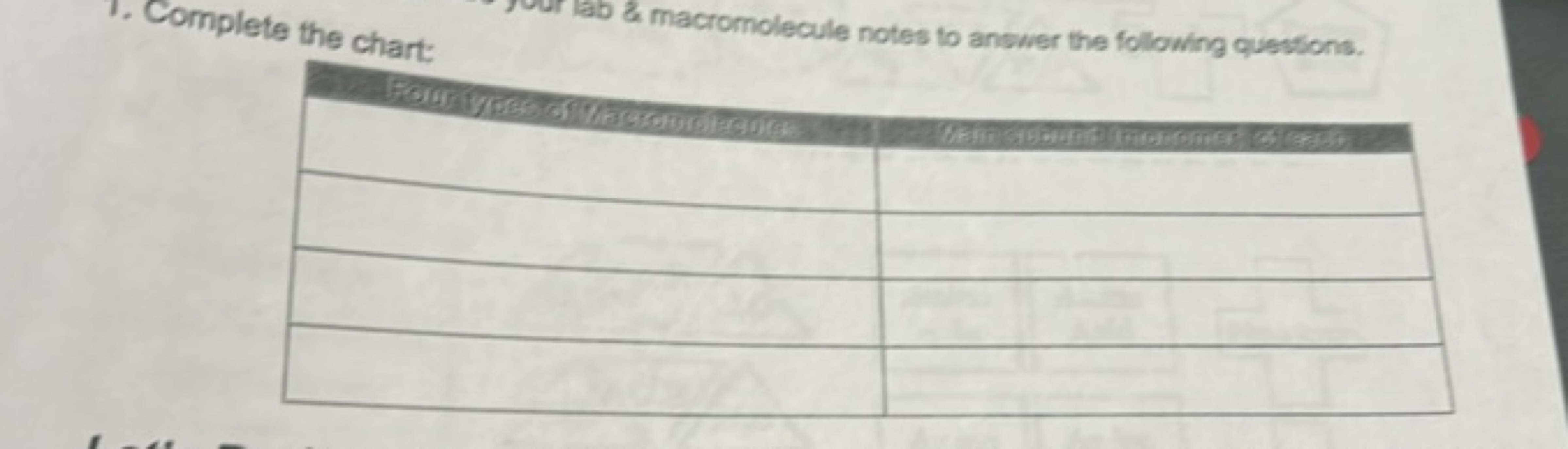 lab \& macromolecule notes to answer the following questions.