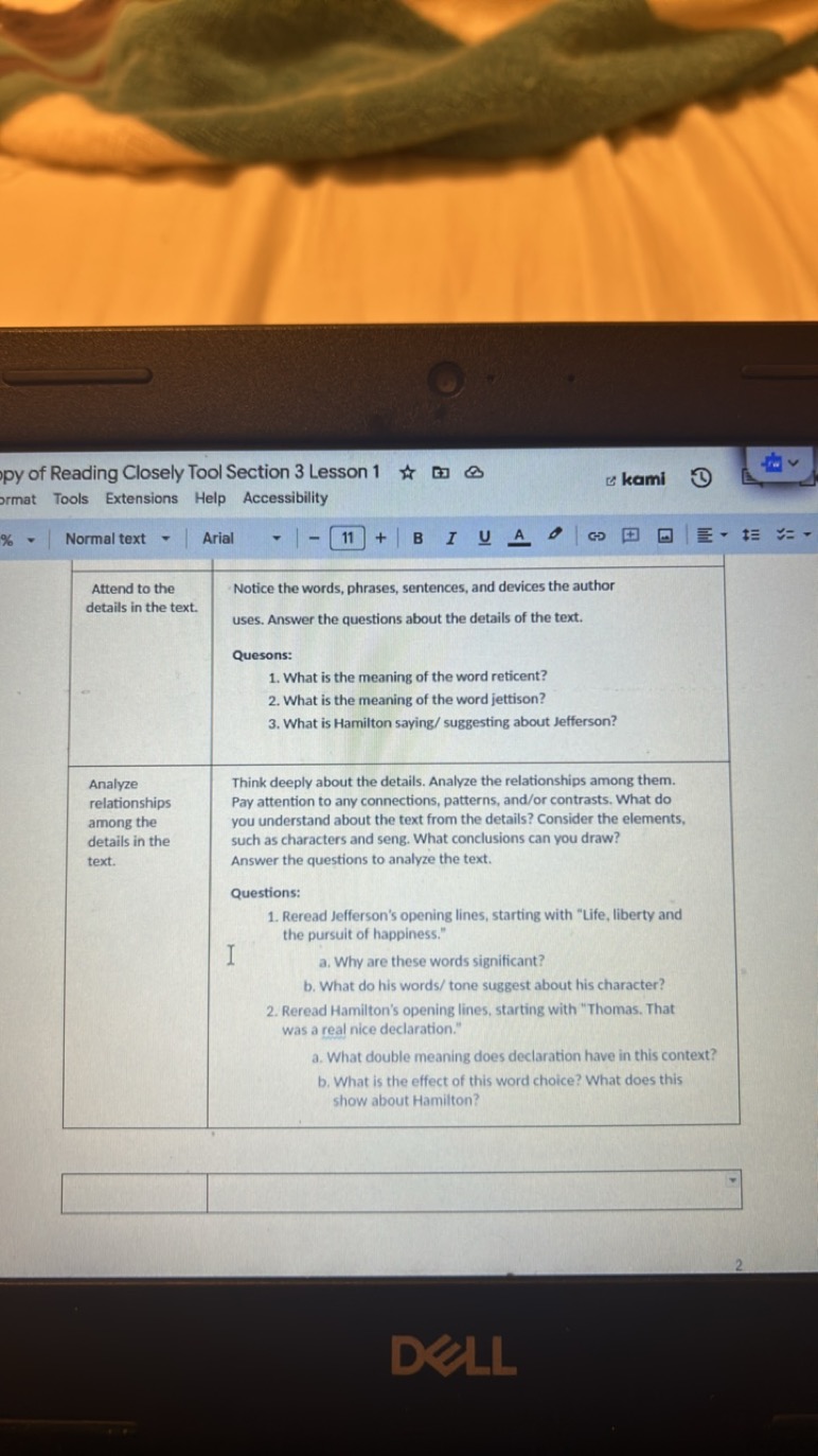 py of Reading Closely Tool Section 3 Lesson 1
kami
ormat Tools
Extensi