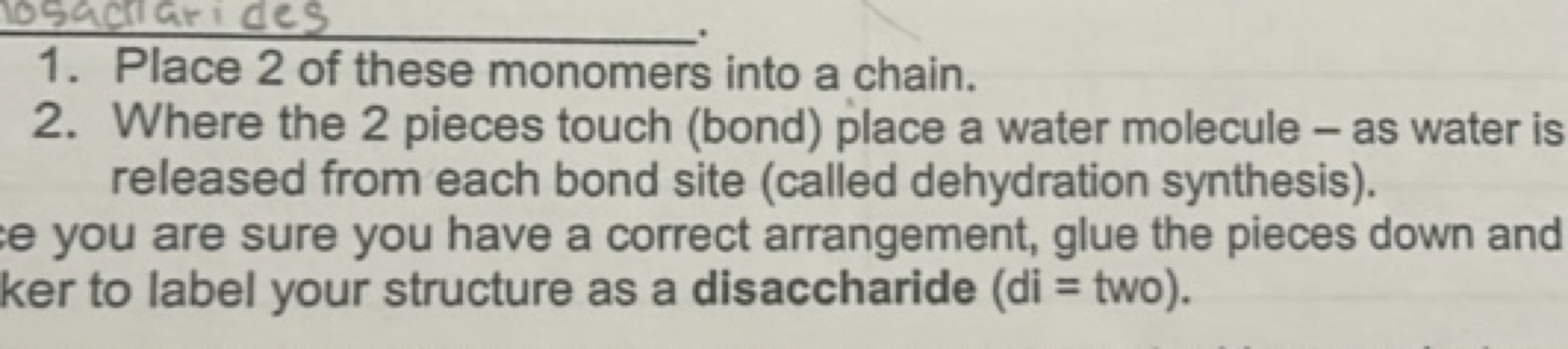 1. Place 2 of these monomers into a chain.
2. Where the 2 pieces touch