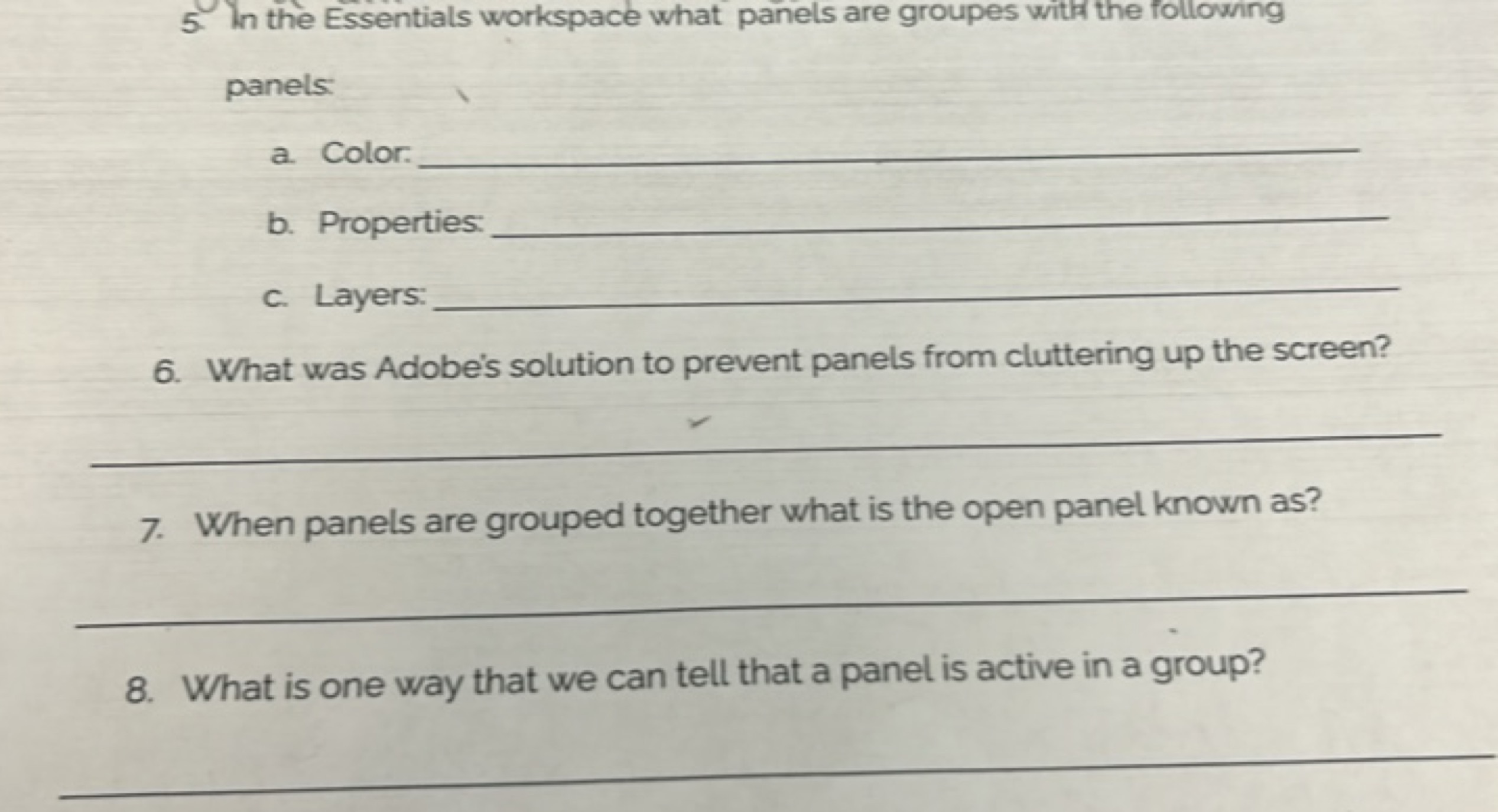 5. In the Essentials workspace what panels are groupes with the follow