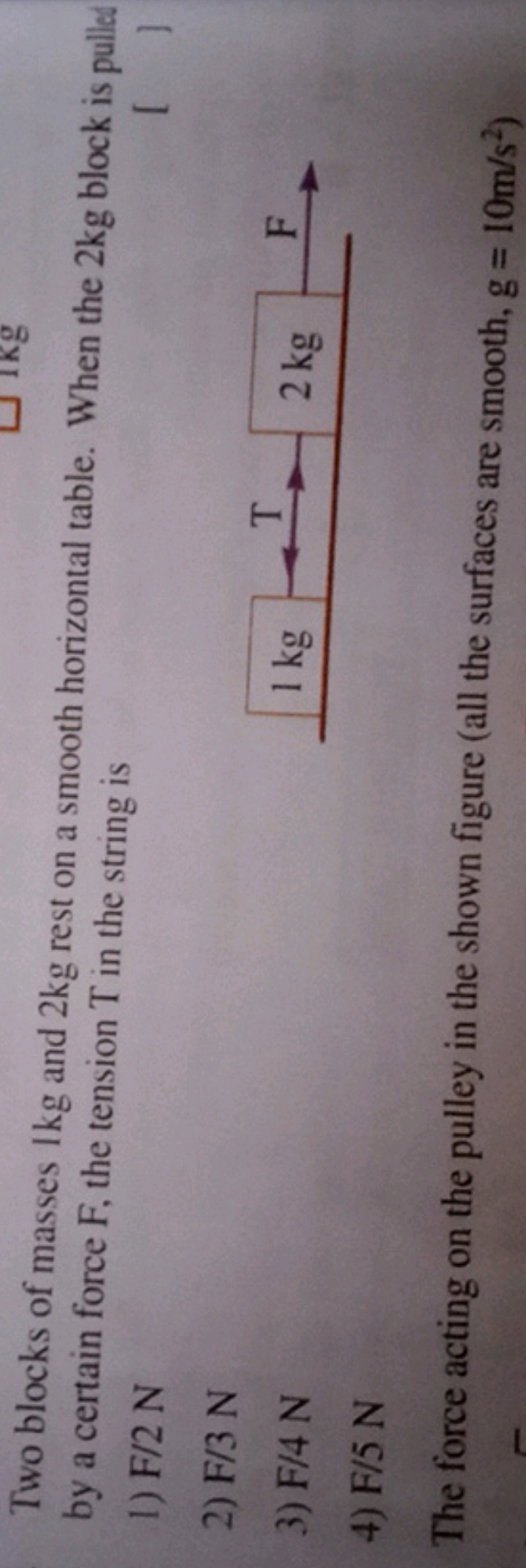 Two blocks of masses 1 kg and 2 kg rest on a smooth horizontal table. 