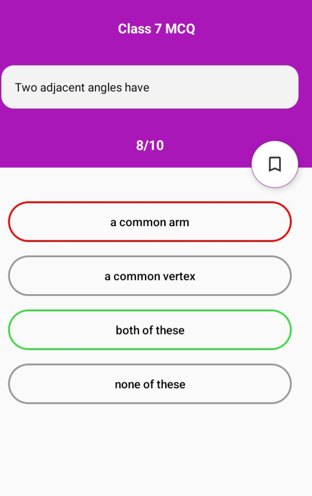 Class 7 MCQ

Two adjacent angles have
8/10
a common arm
a common verte