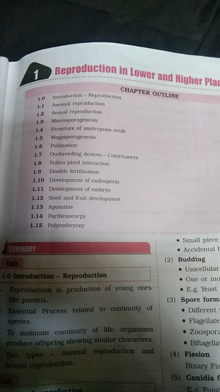 CHAPTER OUTLINE
1.0 Introduction - Reproduction
1.1 Asexual reproducti