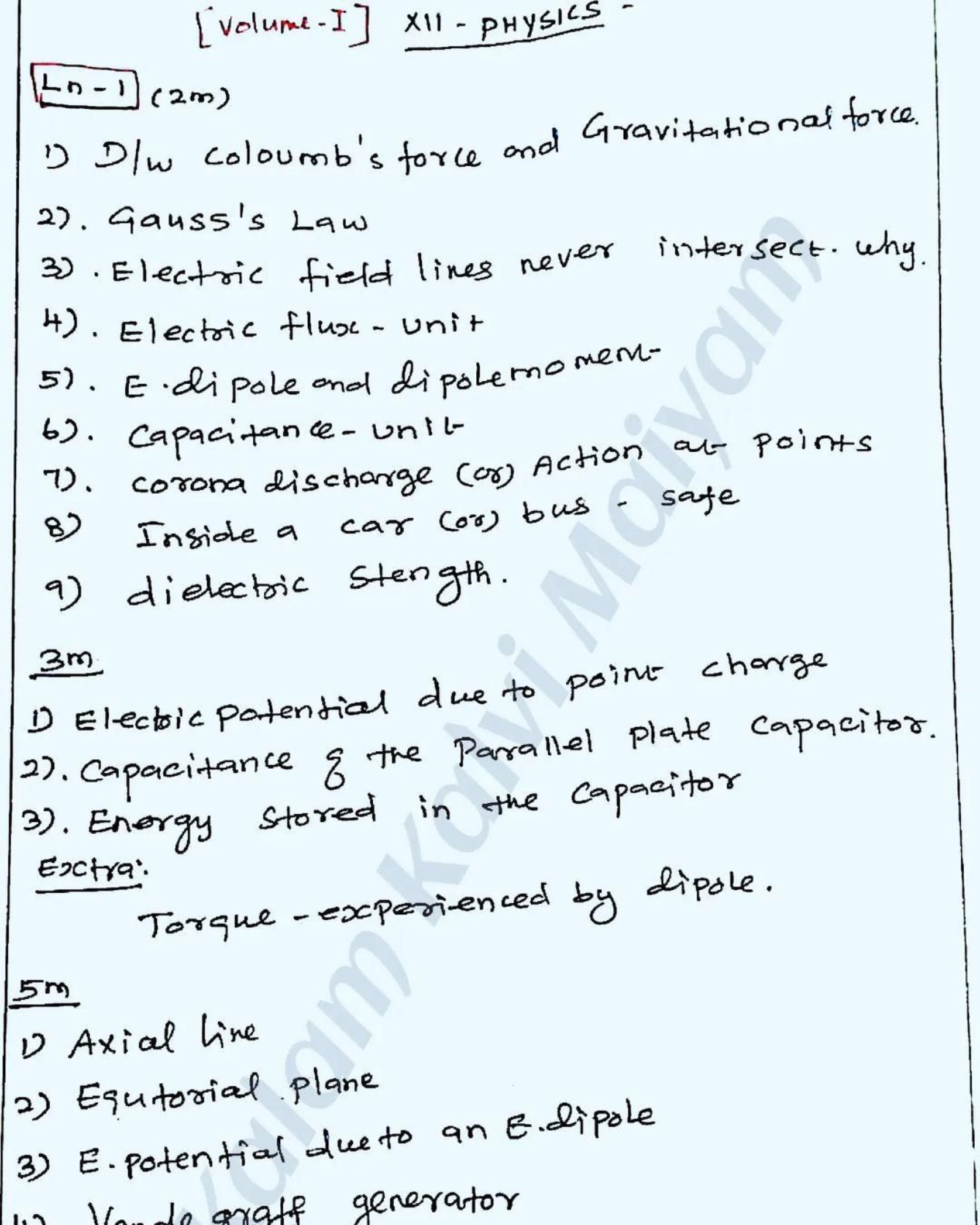 [Velum e-I] X11 -PHYSICS -
Ln-1 (2m)
1) D/w coloumb's force and Gravit