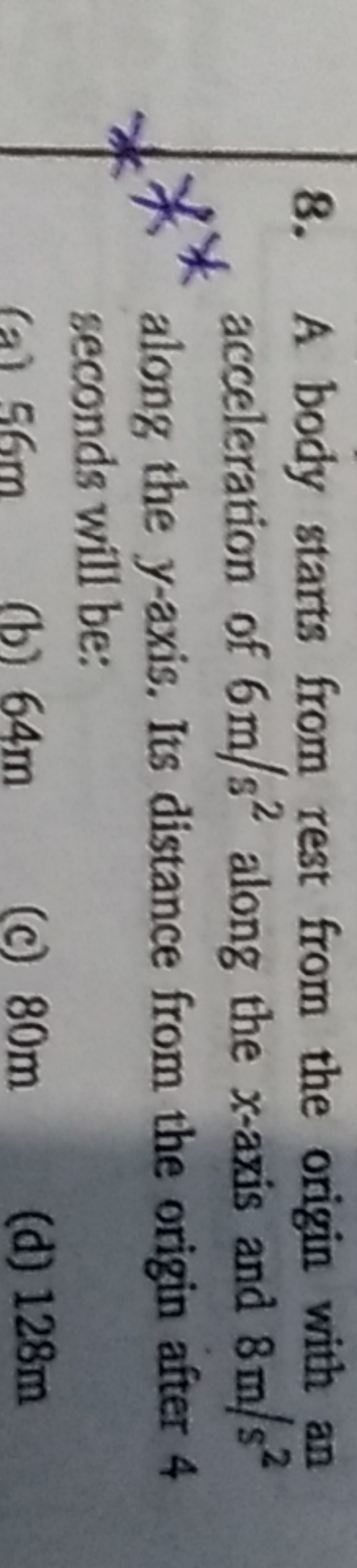 8. A body starts from rest from the origin with an acceleration of 6 m