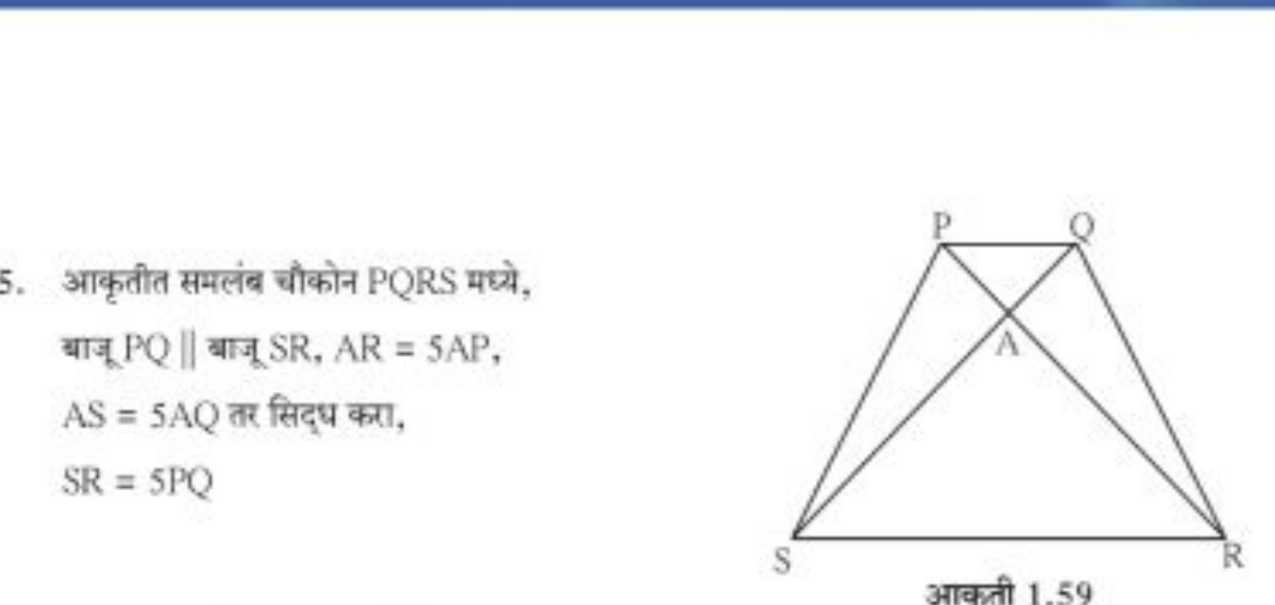 आकृतीत समलंब चौकोन PQRS मघ्ये, बाजू PQ∥ बाजू SR,AR=5AP, AS=5AQ तर सिद्