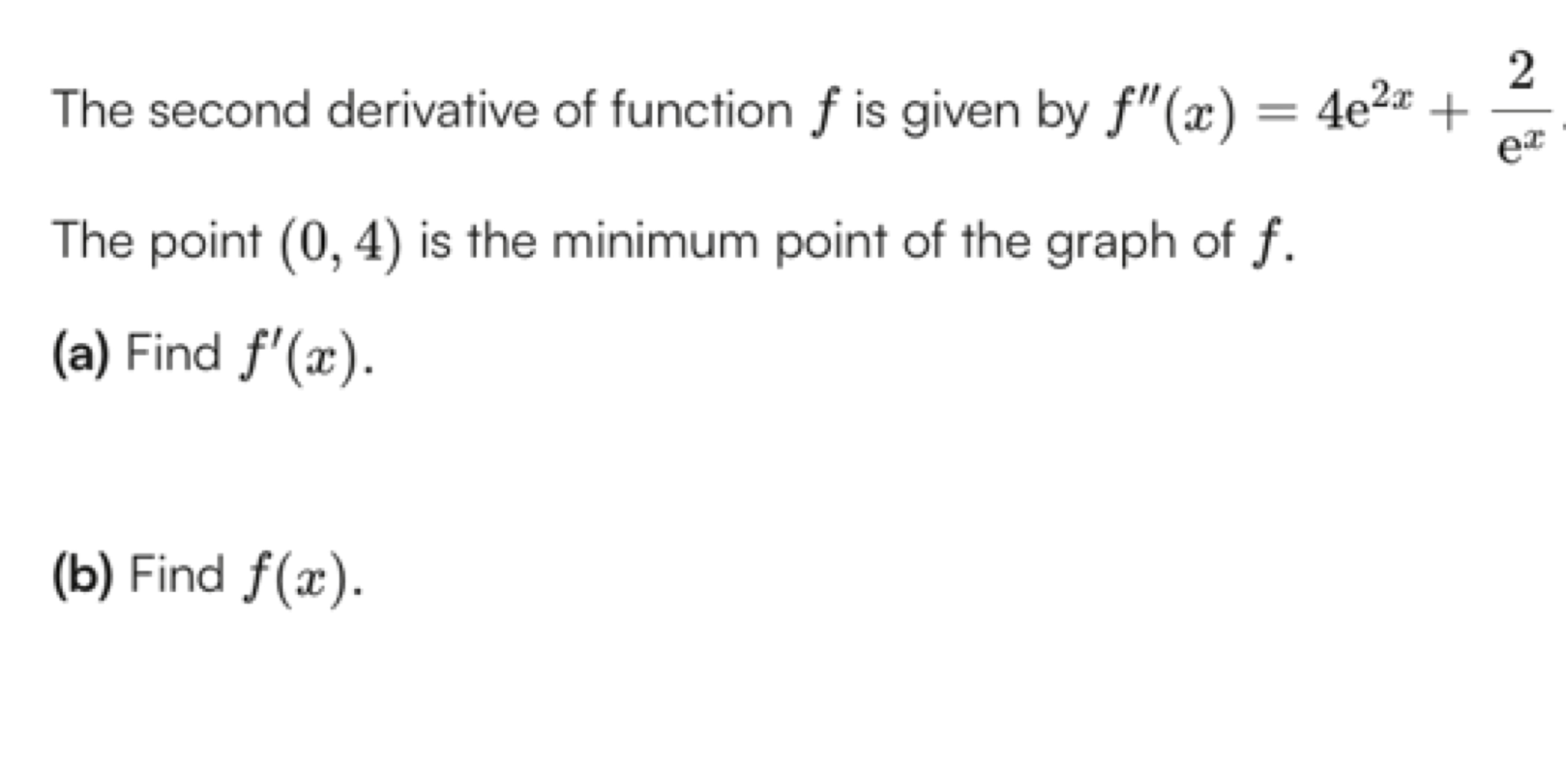 The second derivative of function f is given by f′′(x)=4e2x+ex2​ The p