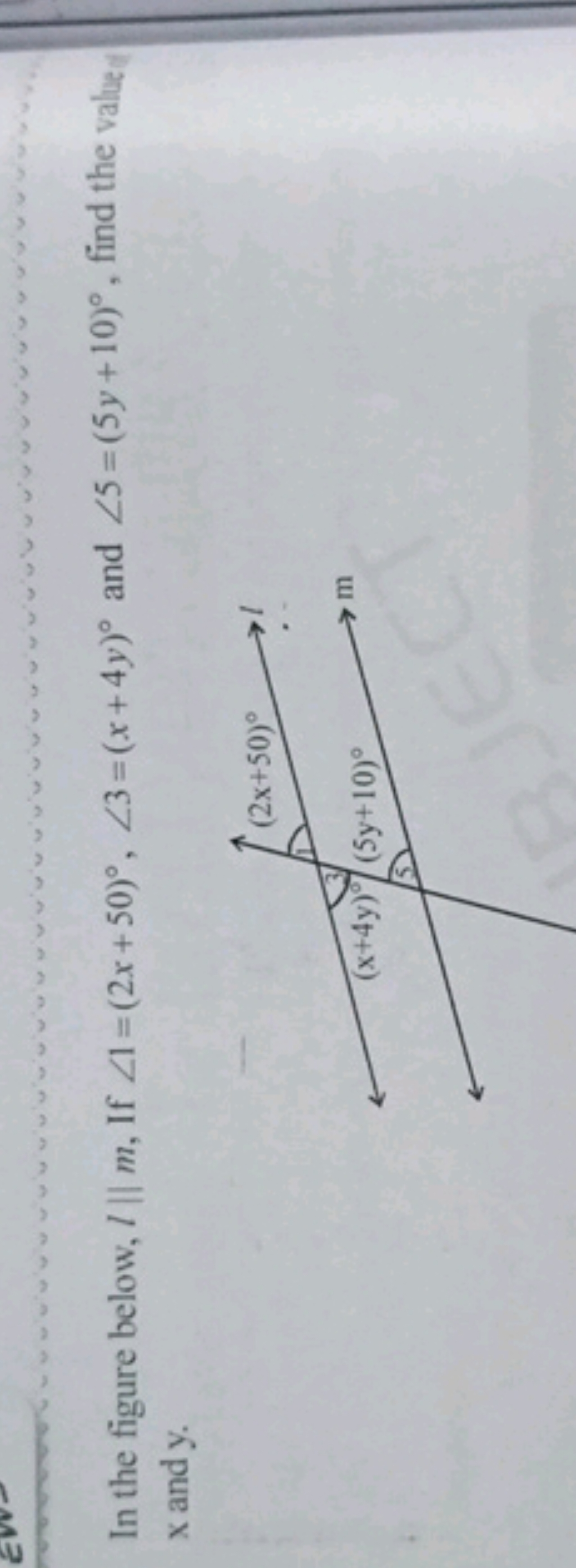 In the figure below, l∥m, If ∠1=(2x+50)∘,∠3=(x+4y)∘ and ∠5=(5y+10)∘, f