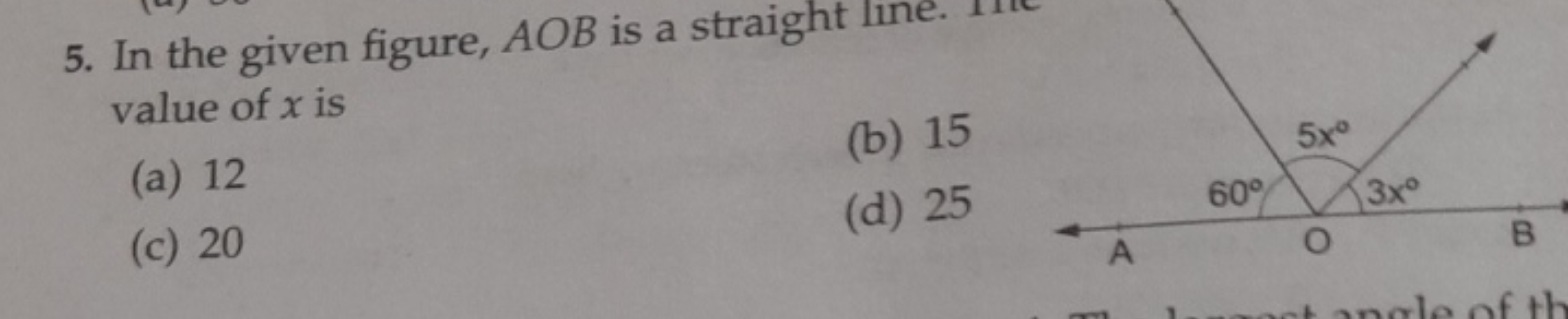 5. In the given figure, AOB is a straight line. value of x is
(a) 12
(