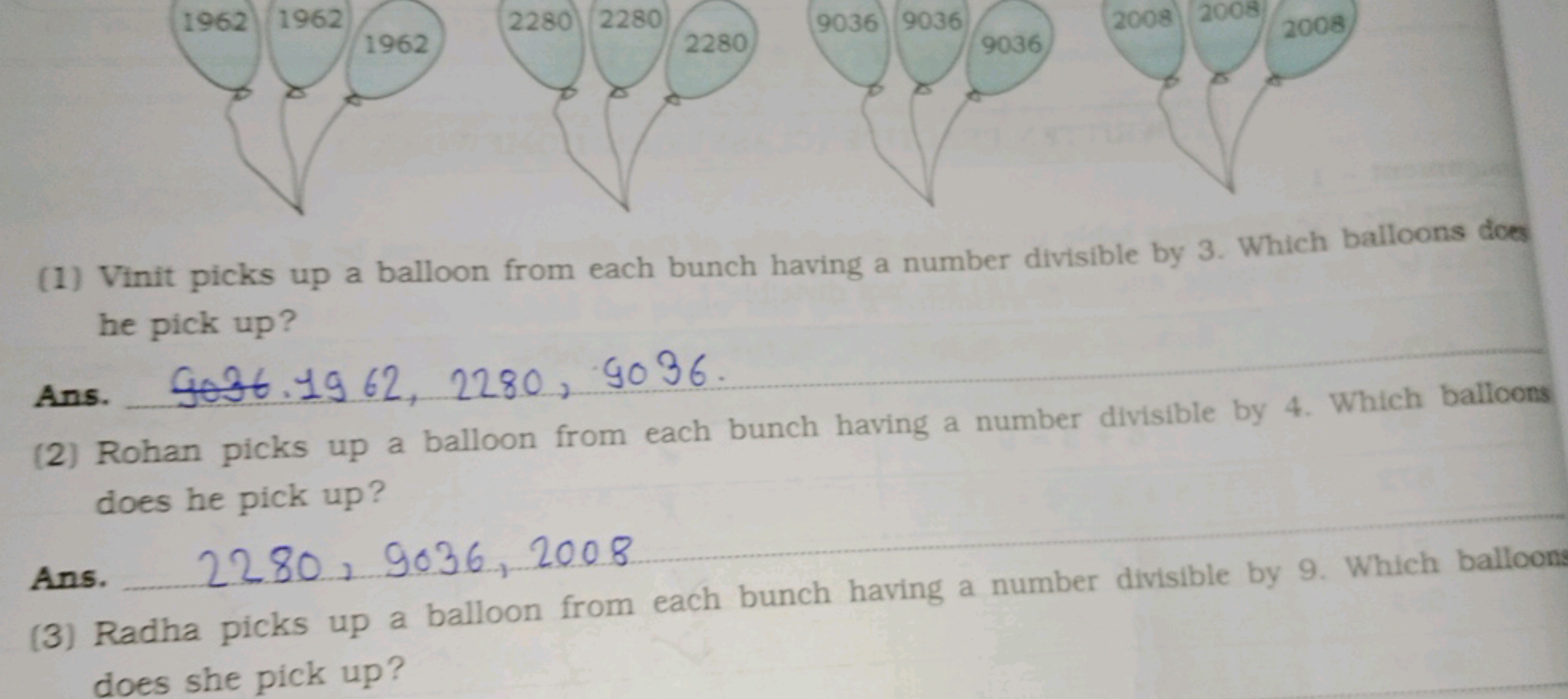 (1) Vinit picks up a balloon from each bunch having a number divisible