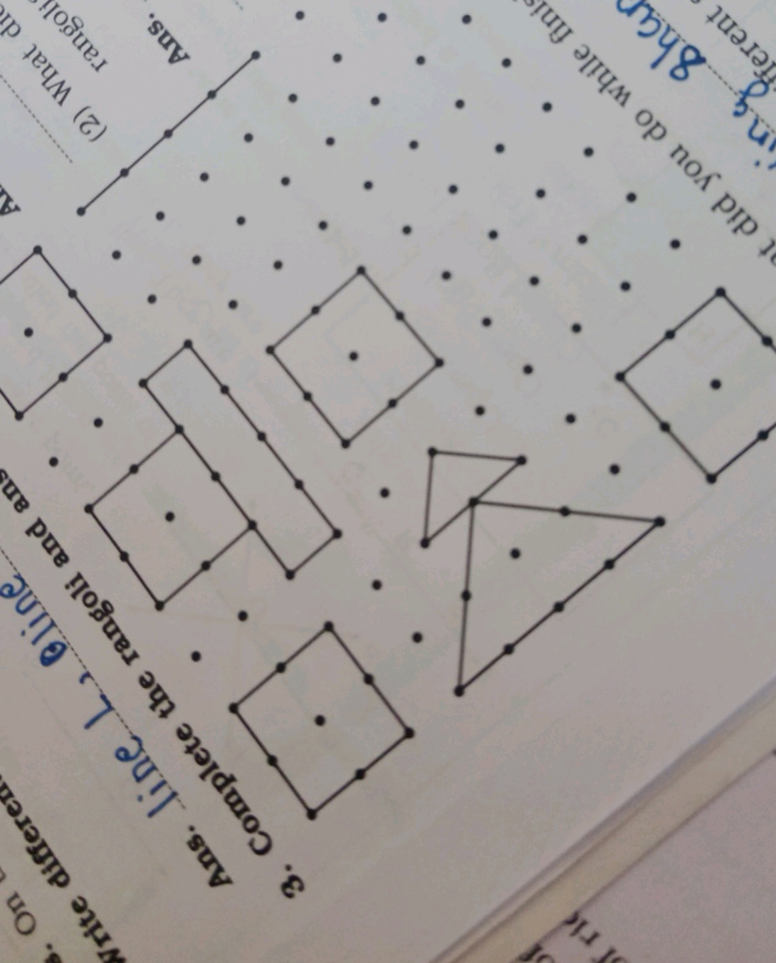 ri
On
Write differen
Ans. line
L, Cline
3. Complete the rangoli and an