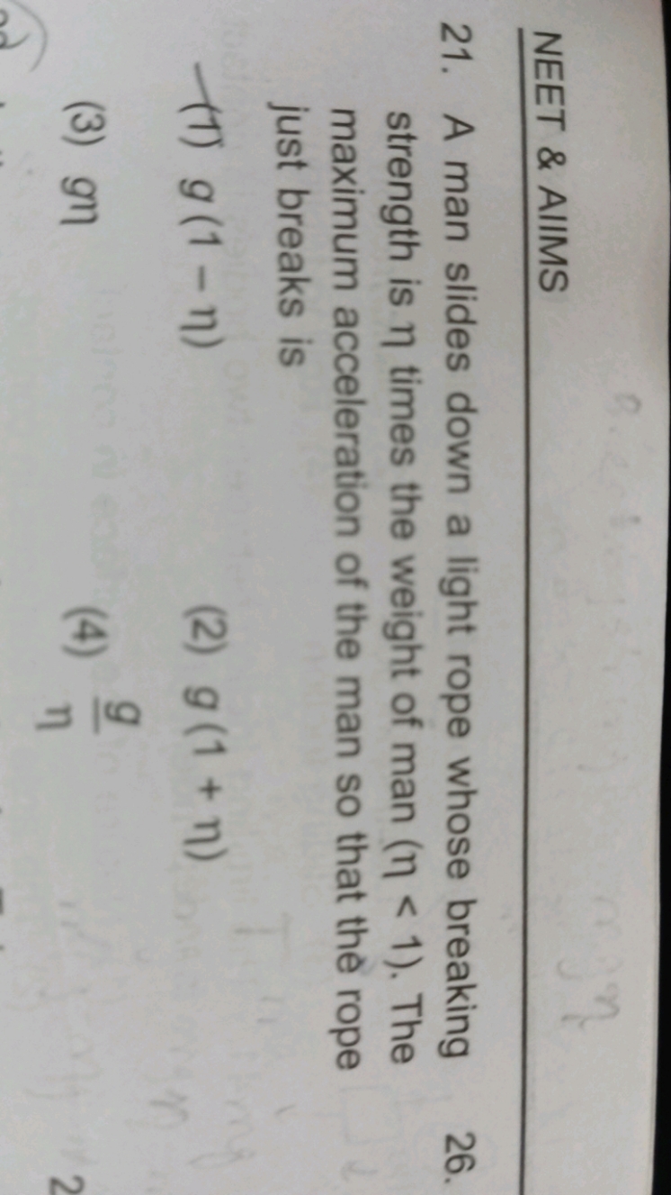 NEET \& AlIMS
21. A man slides down a light rope whose breaking streng