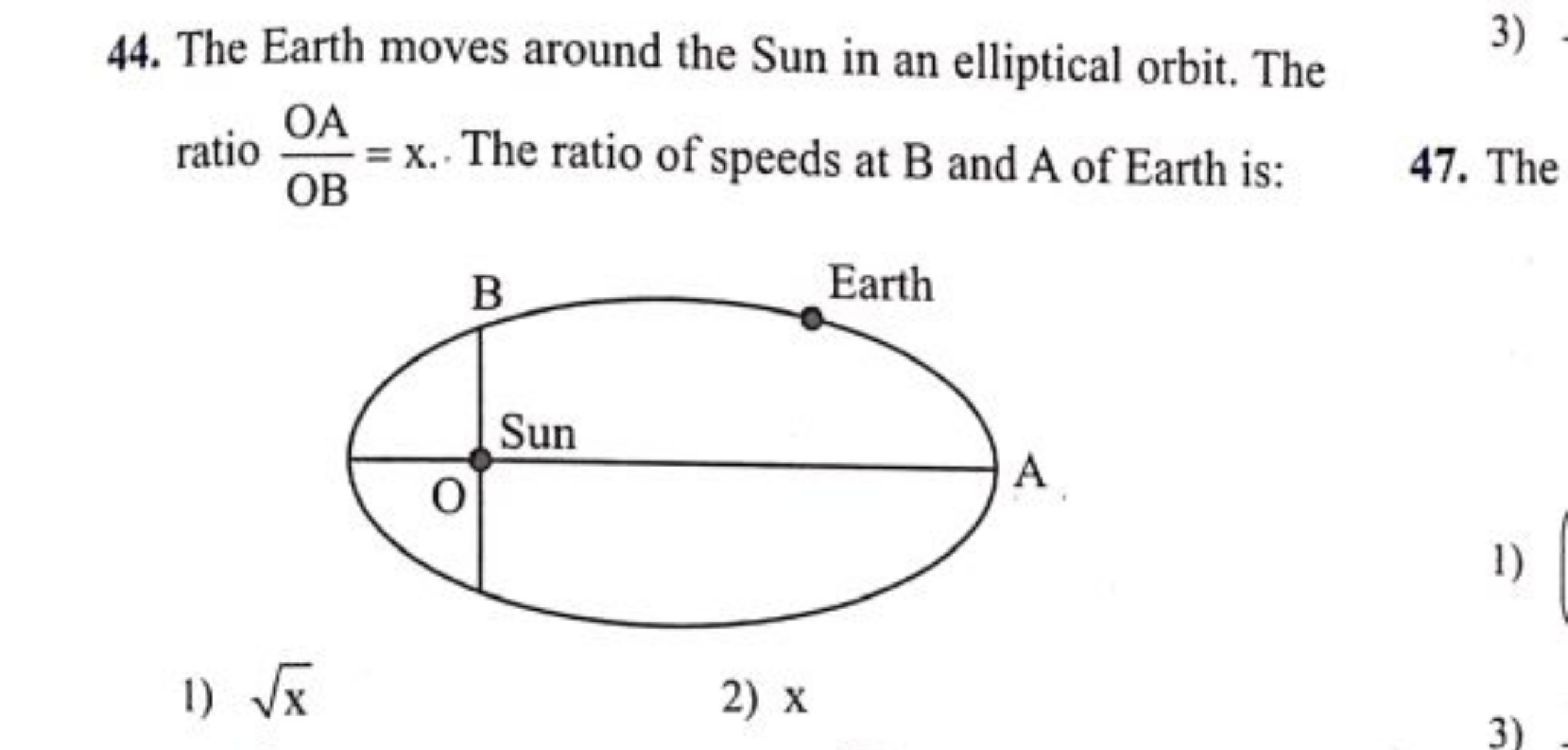 44. The Earth moves around the Sun in an elliptical orbit. The ratio O