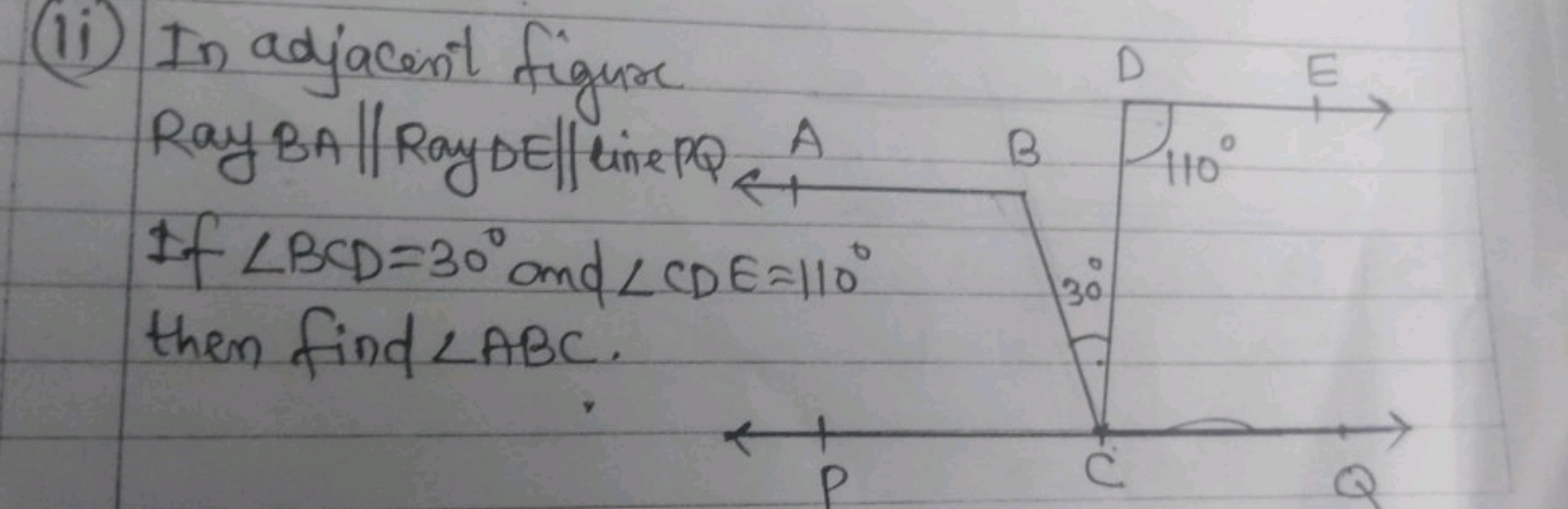 (ii) In adjacent figure

Ray BA∥ Ray DE∥ lune PQ∈1
If ∠BCD=30∘ and ∠CD