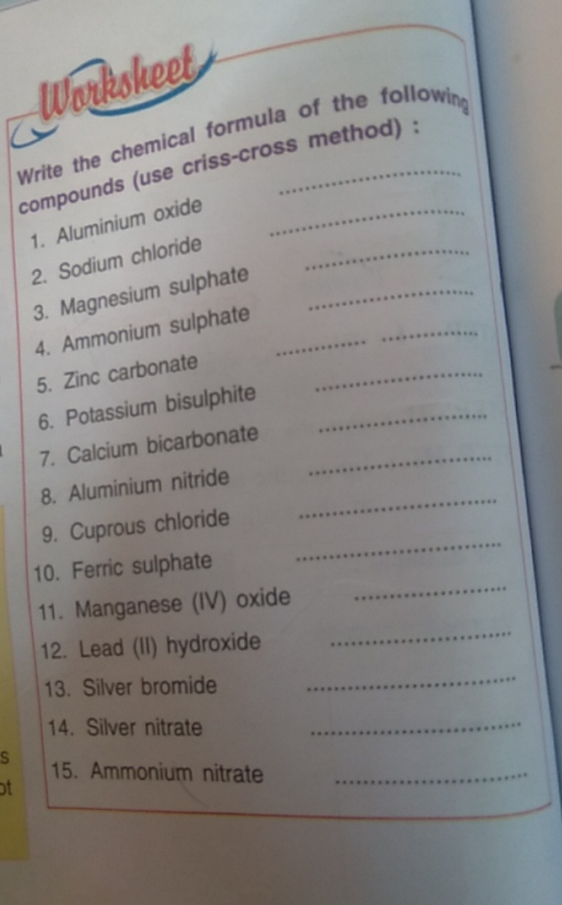 Write the chemical formula of the following compounds (use criss-cross