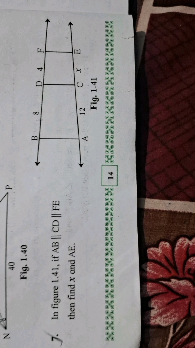 N
40
Fig. 1.40
7. In figure 1.41, if AB∥CD∥FE then find x and AE.

Fig