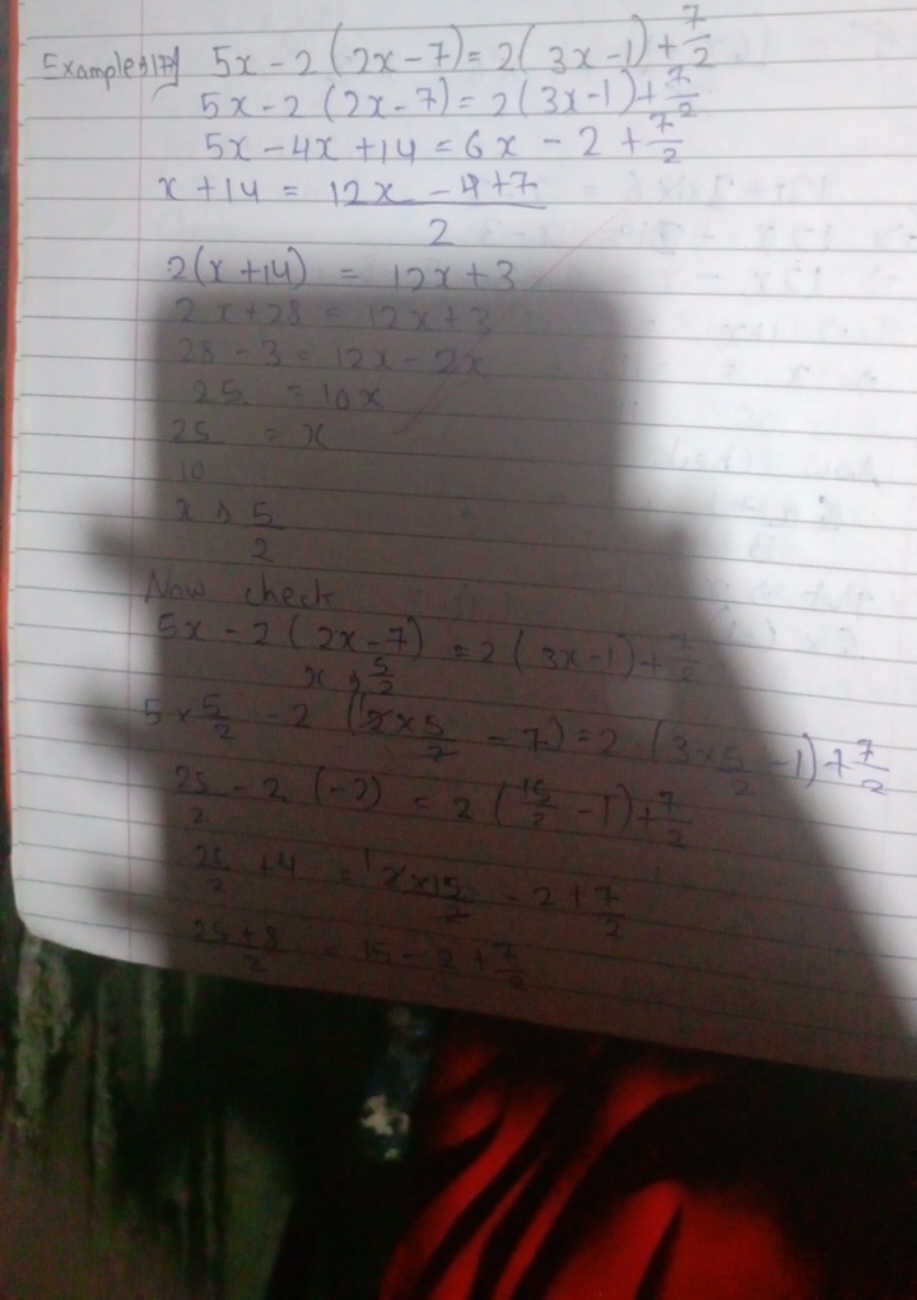 Examplesily
5x−2(2x−7)=2(3x−1)+27​5x−2(2x−7)=2(3x−1)+22​5x−4x+14=6x−2+