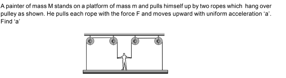 A painter of mass M stands on a platform of mass m and pulls himself u