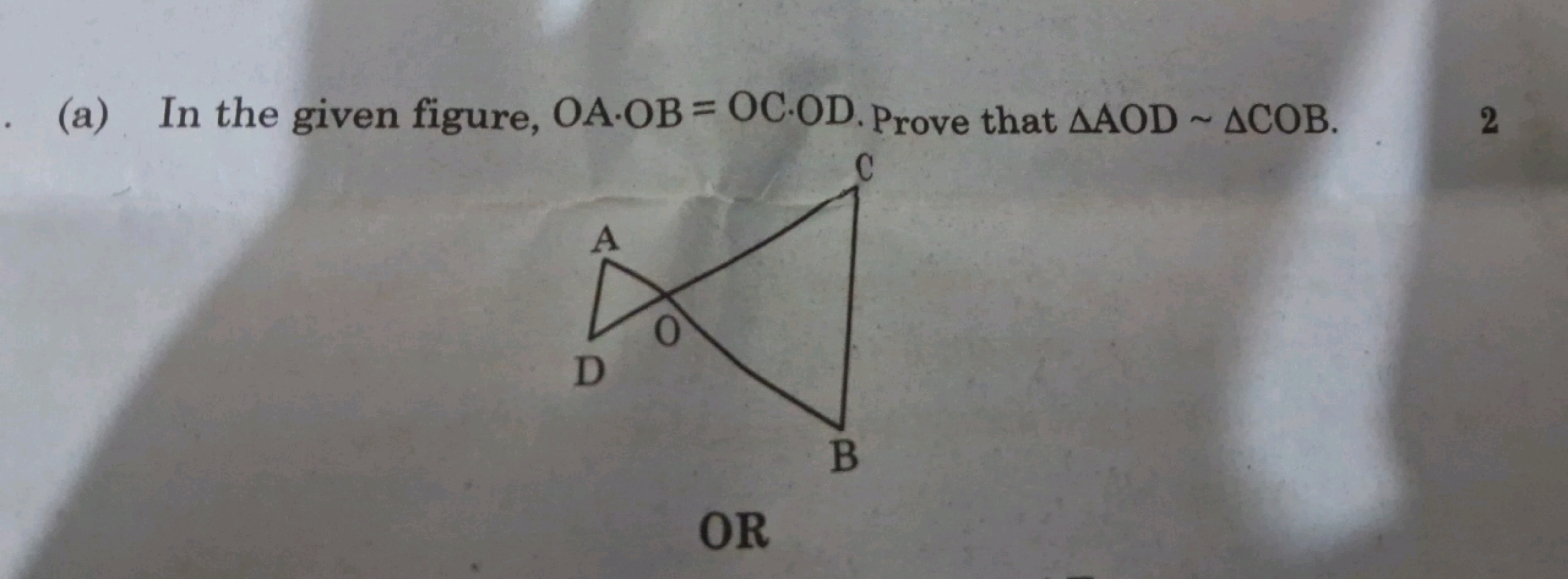 (a) In the given figure, OA⋅OB=OC⋅OD. Prove that △AOD∼△COB.

OR