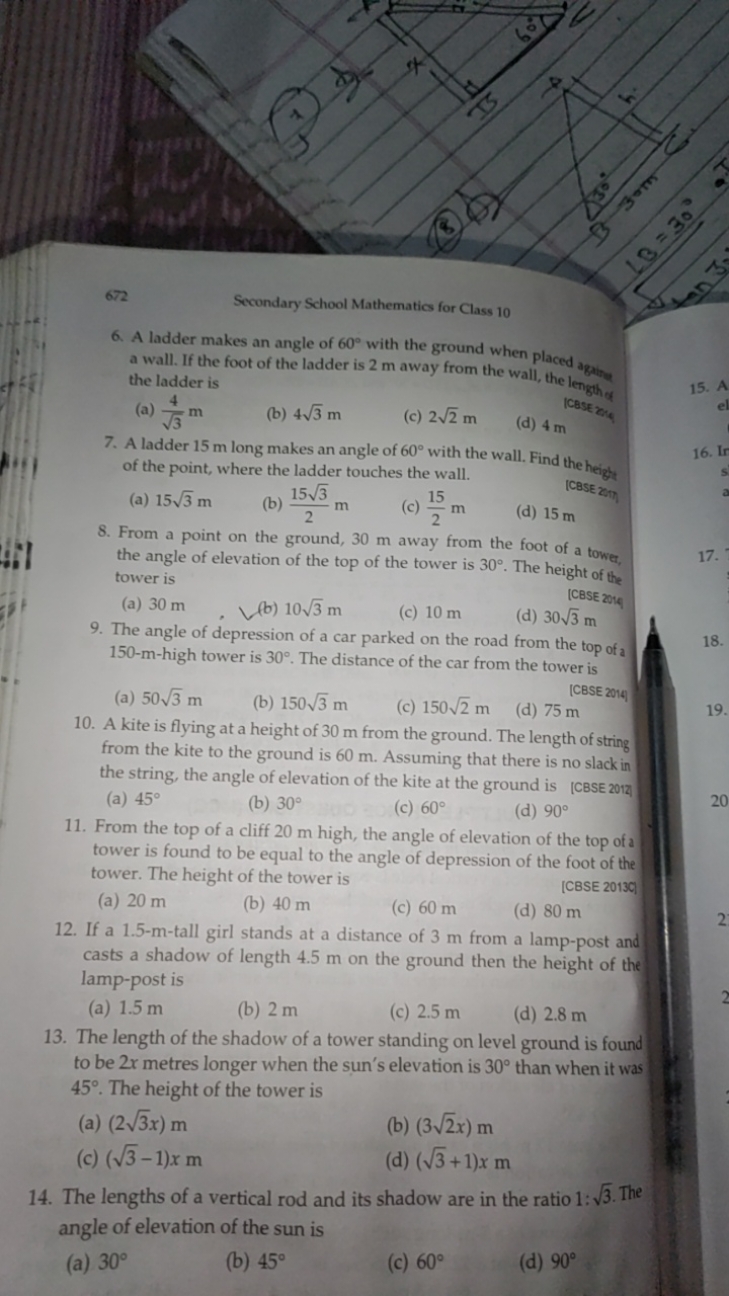 672
Secondary School Mathematics for Class 10
6. A ladder makes an ang