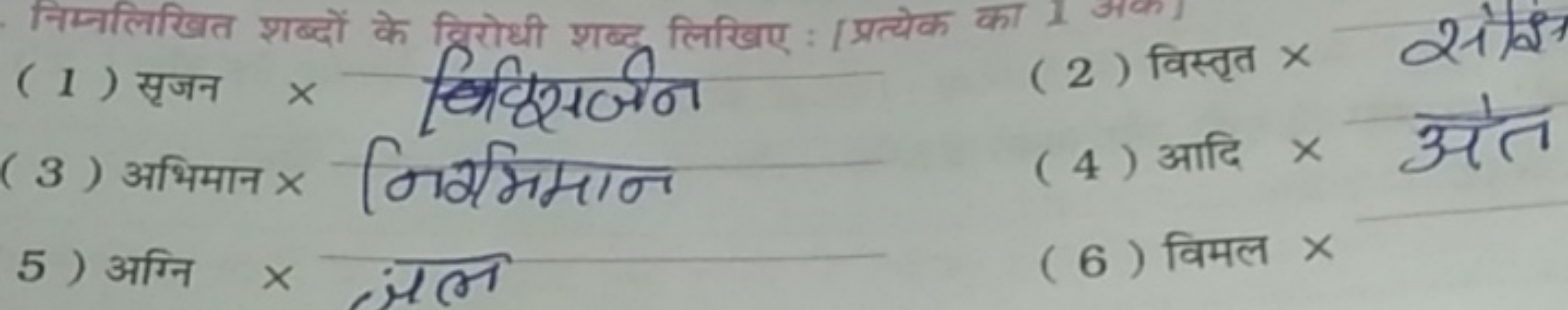 (1) सजन × विदिसजीन
(3) अभिमान x निरमिमान
(2) विस्त्त × सादे
(4) आदि x 