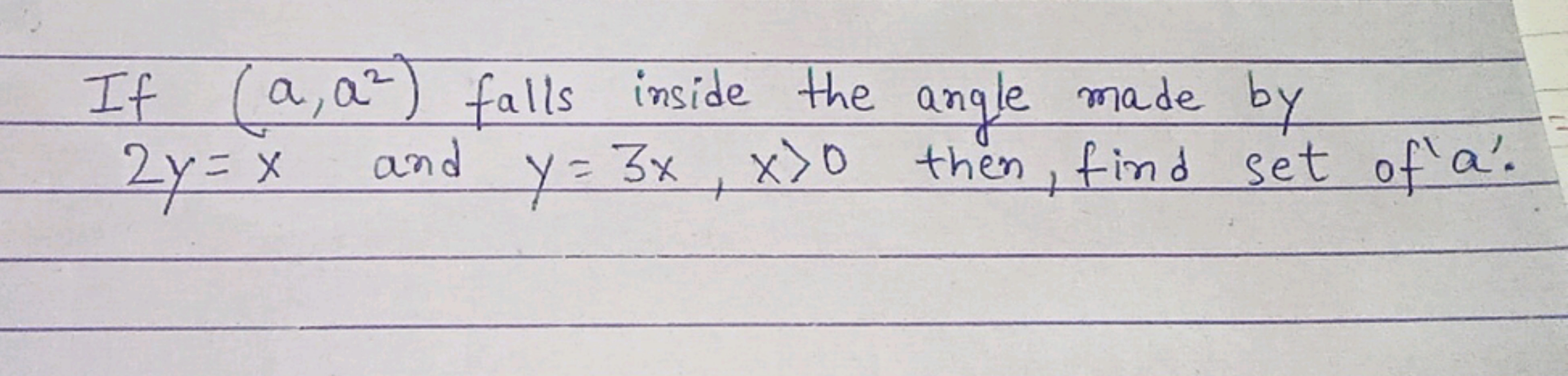 If (a,a2) falls inside the angle made by 2y=x and y=3x,x>0 then, find 