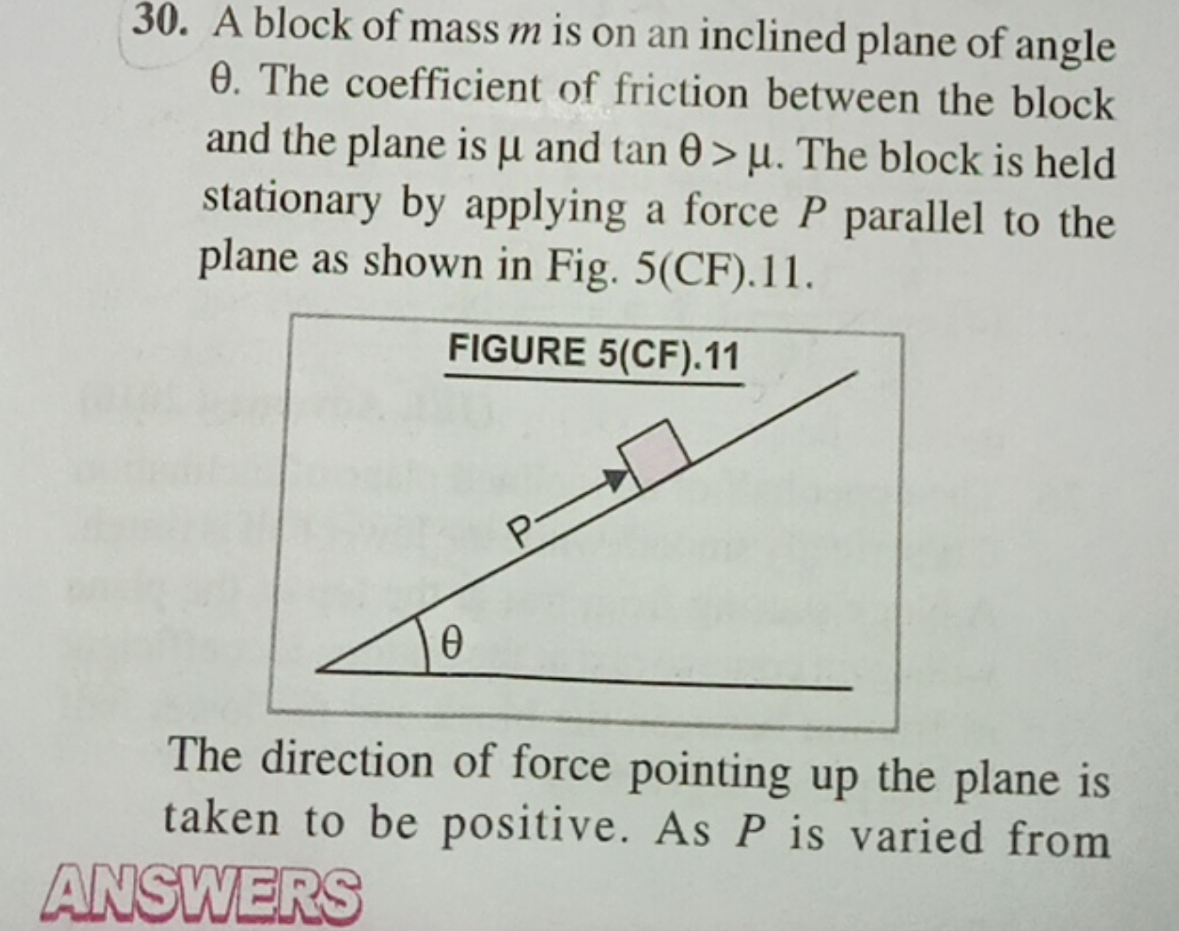 30. A block of mass m is on an inclined plane of angle θ. The coeffici