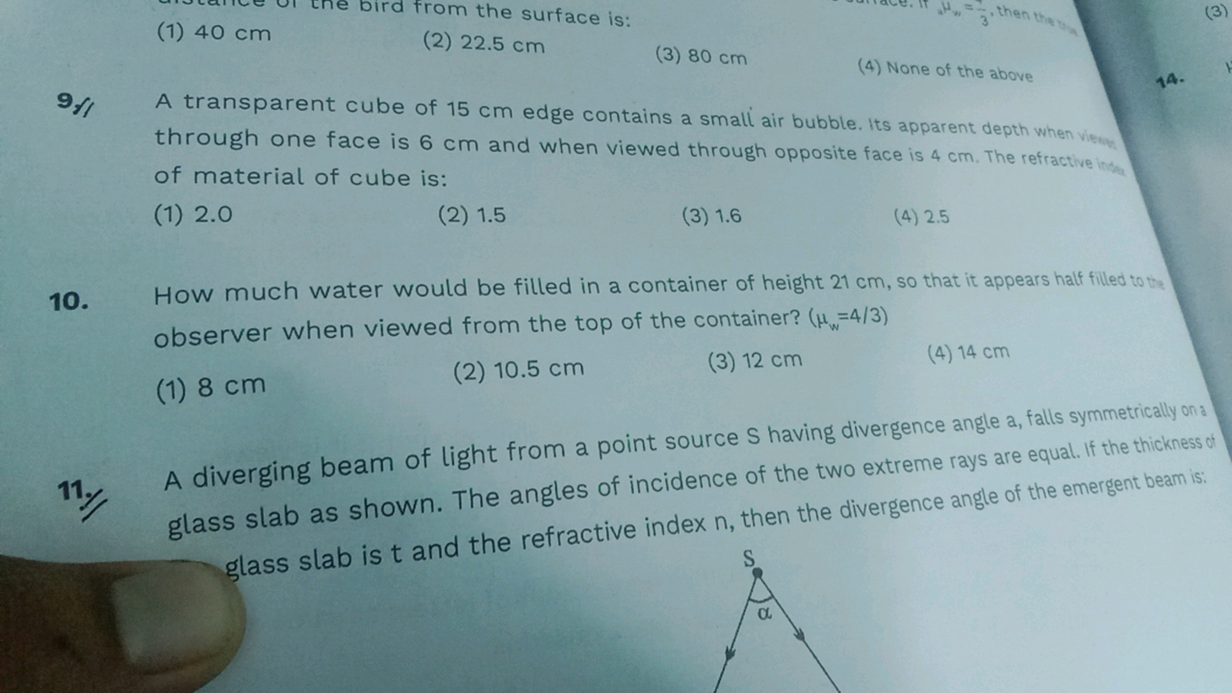 9/1
10.
(1) 40 cm
from the surface is:
(2) 22.5 cm
(3) 80 cm
, then th