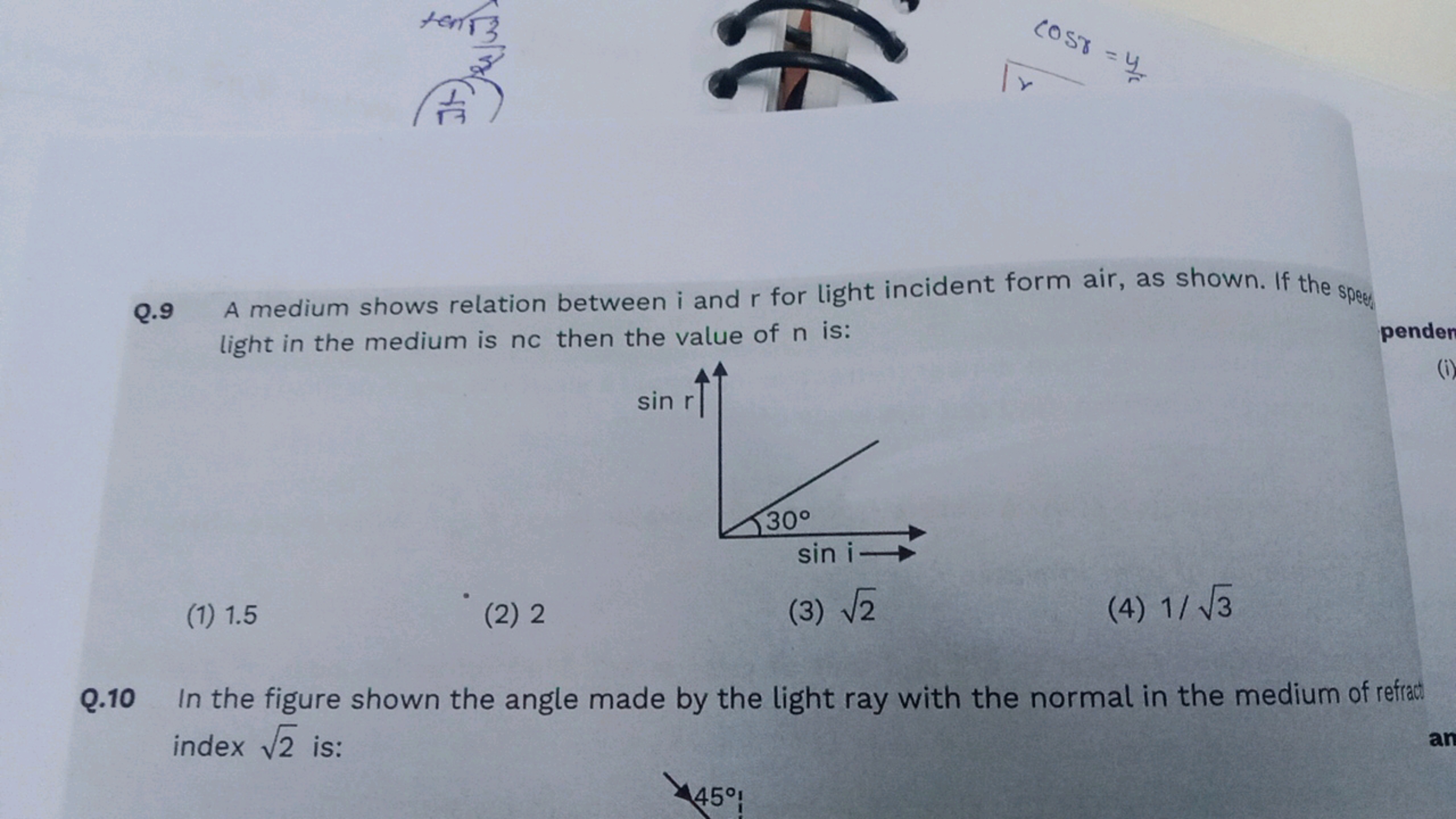 cosγ​=y​
Q. 9 A medium shows relation between i and r for light incide