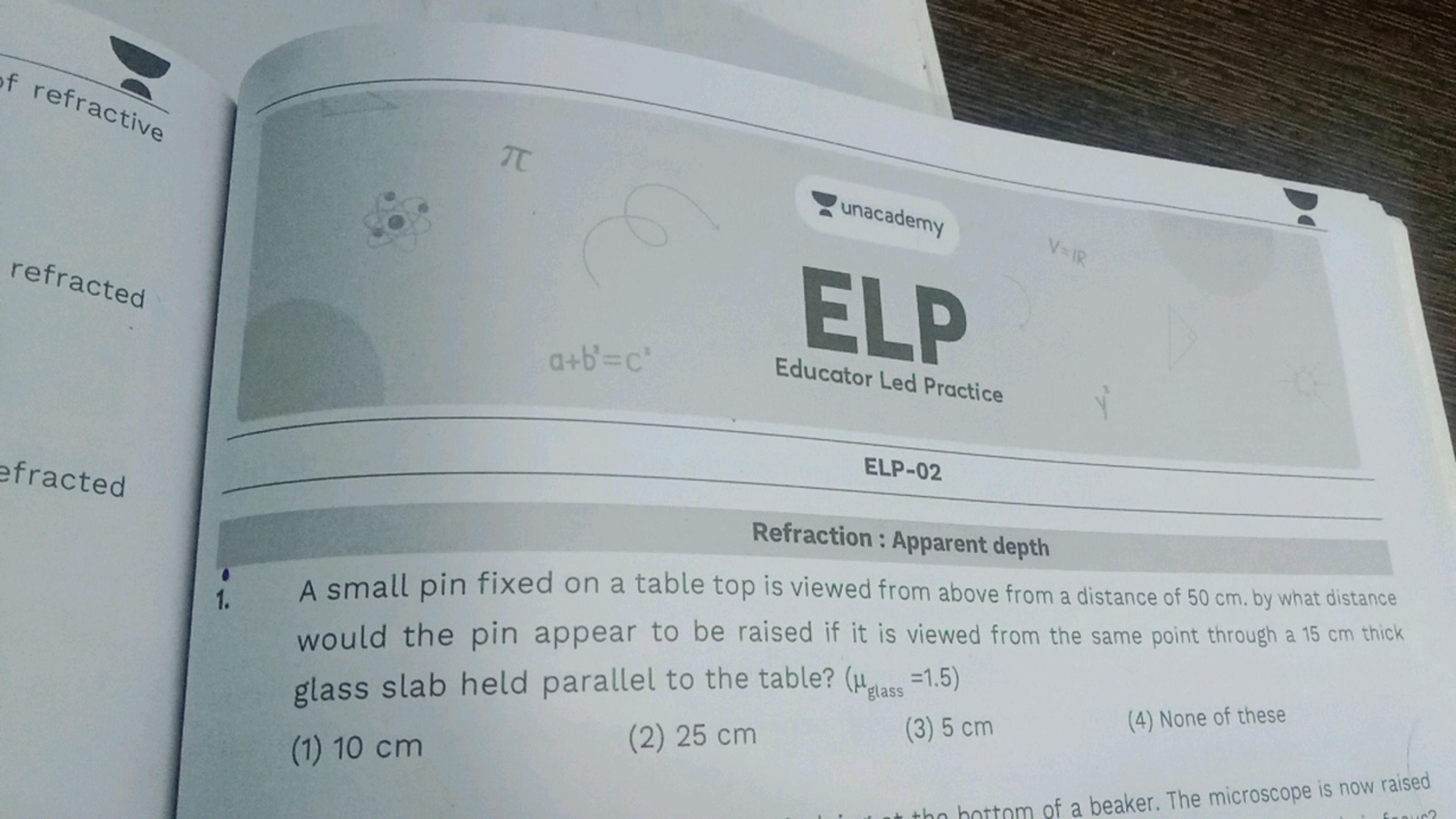 refractive
π
∵
a+b2=c1 unacademy

ELP-02
Refraction: Apparent depth
1.