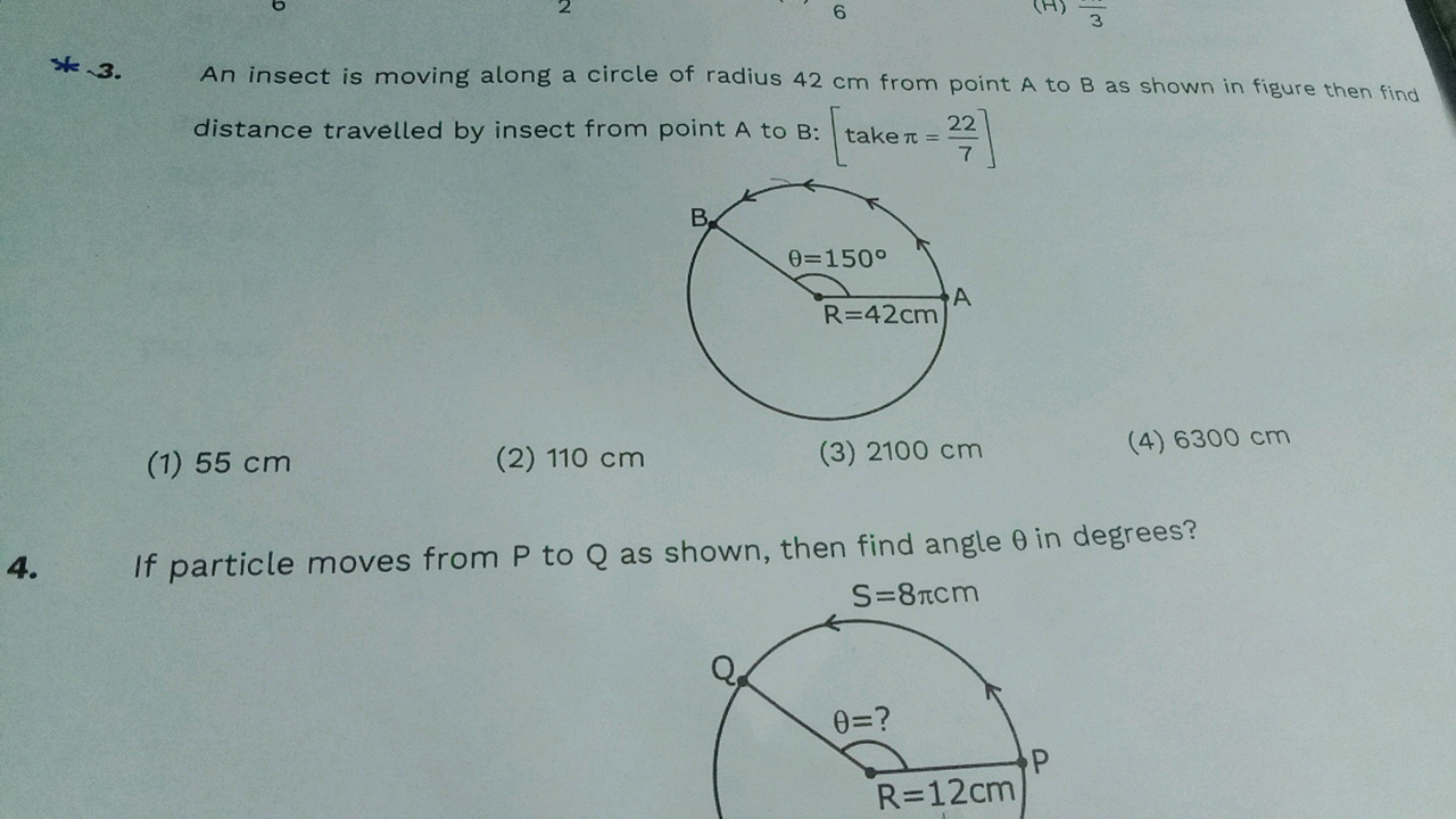 3. An insect is moving along a circle of radius 42 cm from point A to 