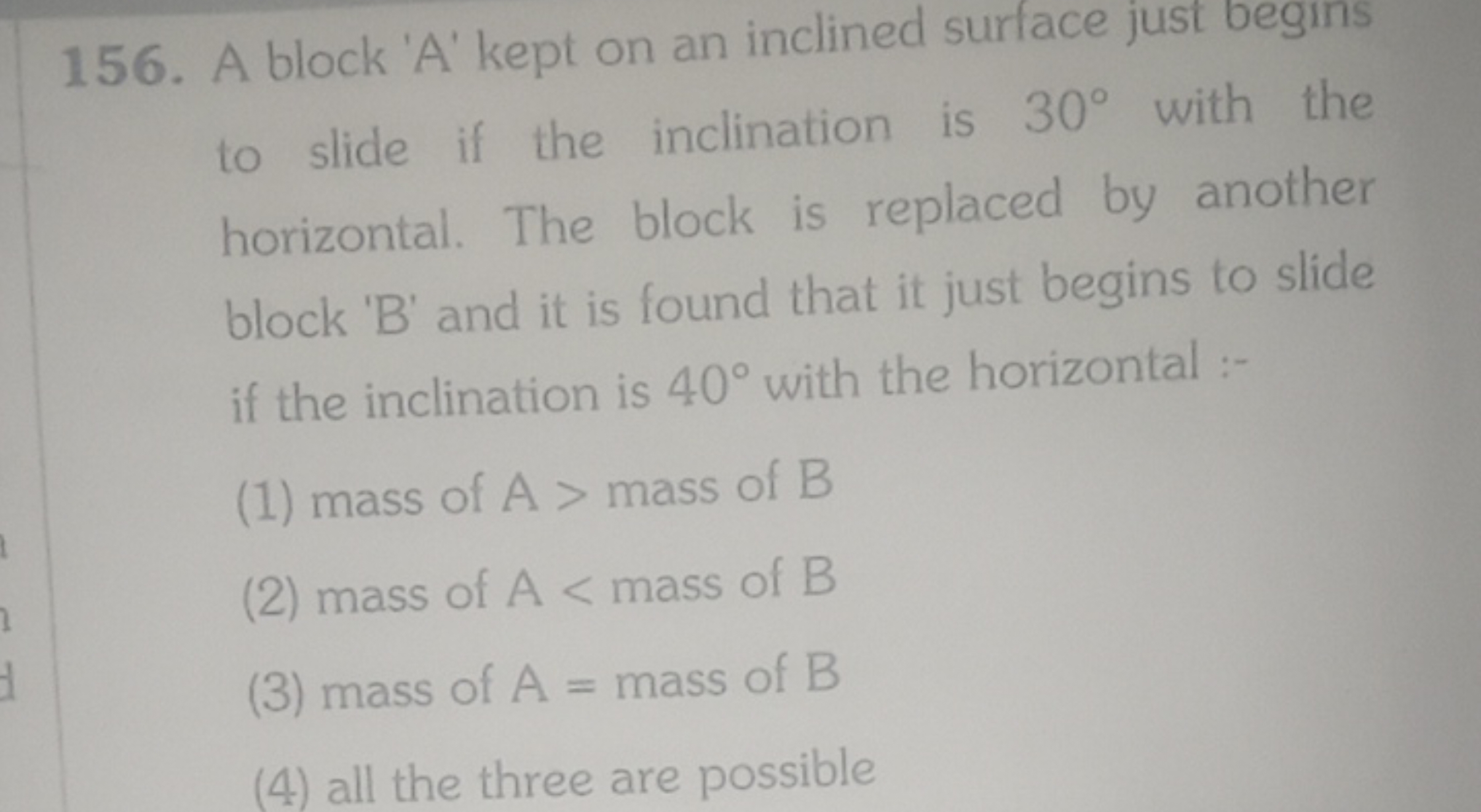 156. A block 'A' kept on an inclined surface just begins to slide if t