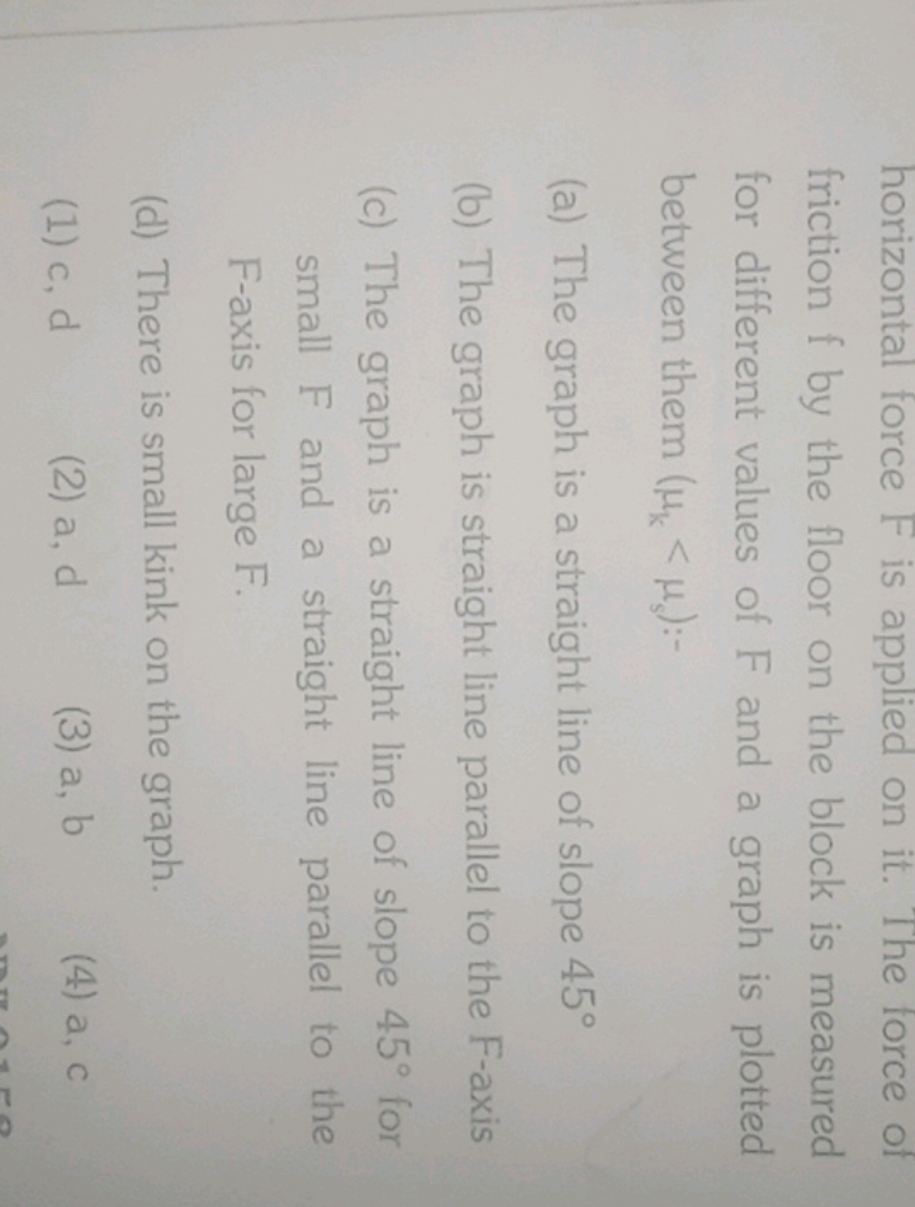 horizontal force F is applied on it. The force of friction f by the fl