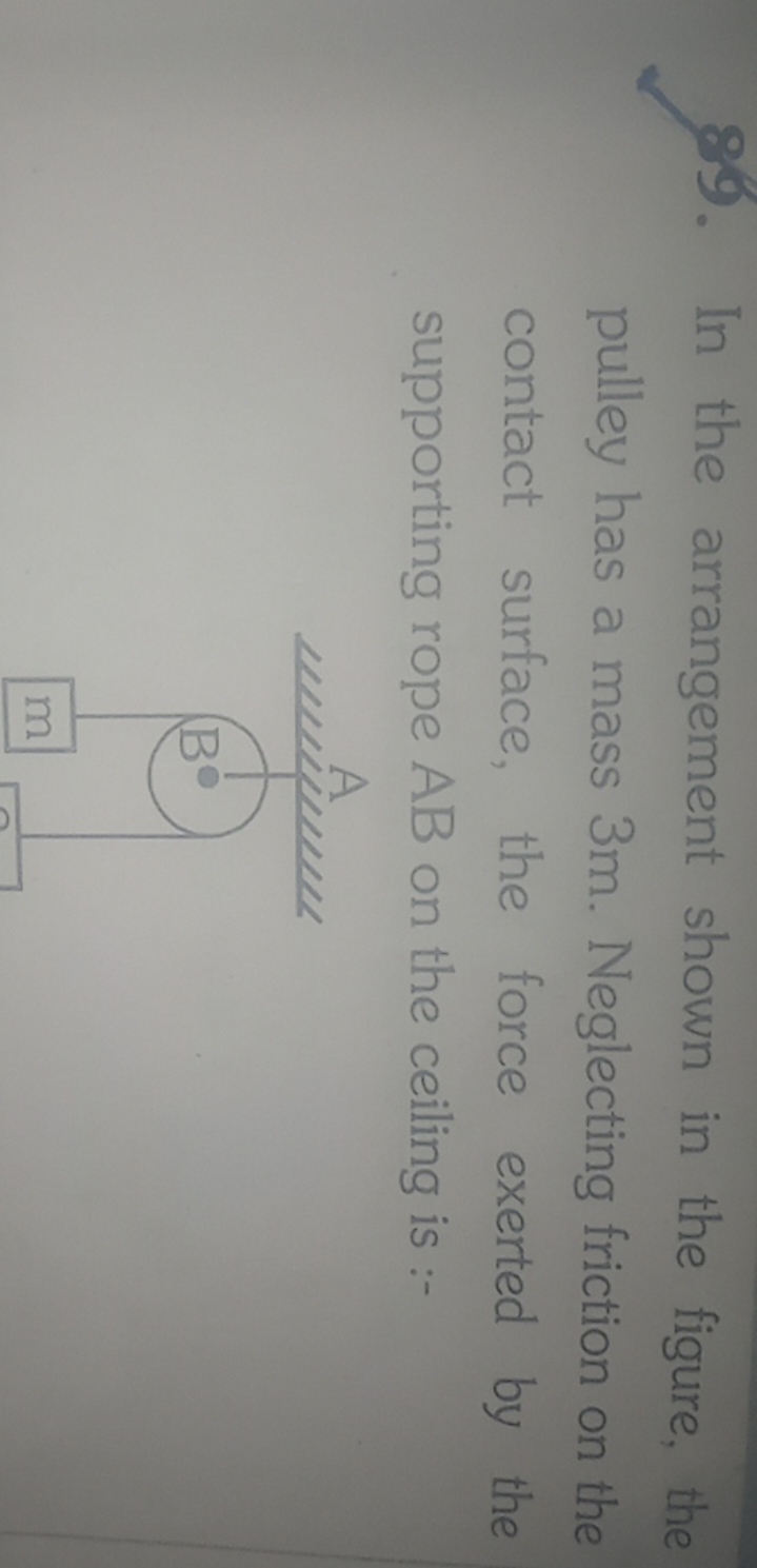 89. In the arrangement shown in the figure, the pulley has a mass 3 m 