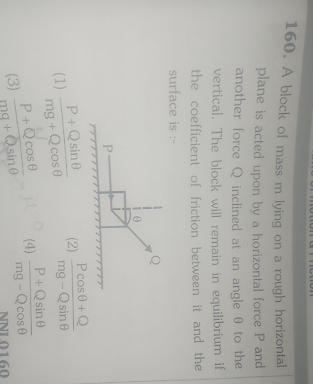 160. A block of mass m lying on a rough horizontal plane is acted upon