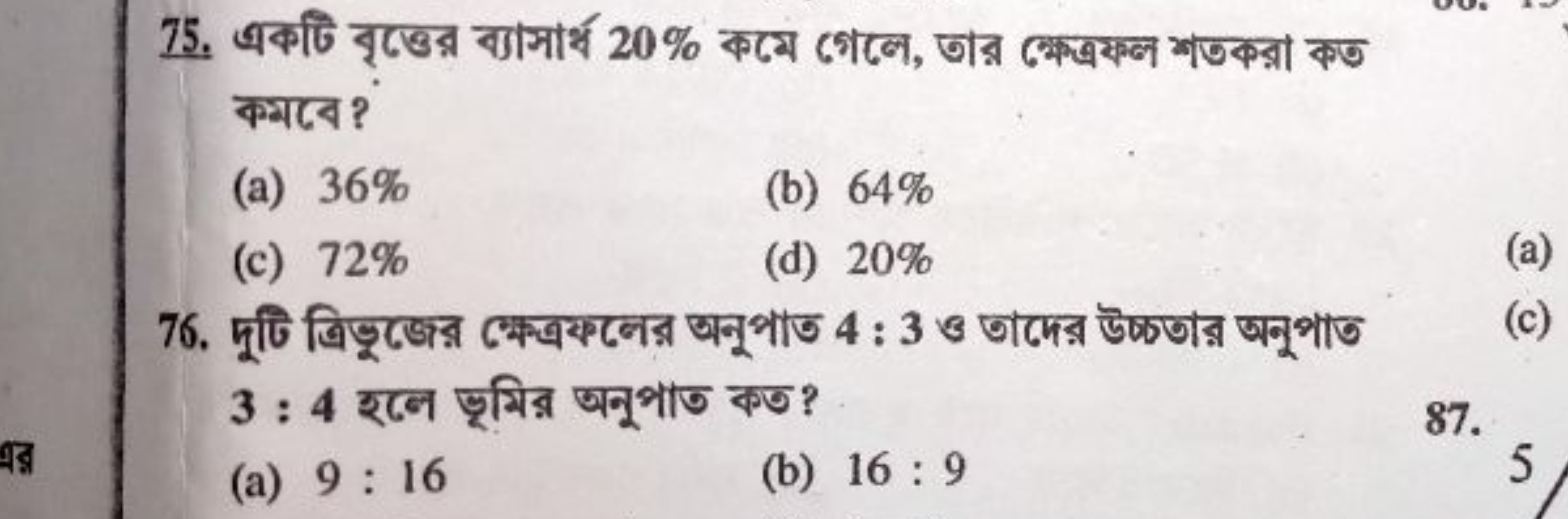 75. একটি বৃত্তের ব্যাসার্ধ 20% কমে গেলে, তার ক্সেজ্রল শত্কন্গা কত কমटে