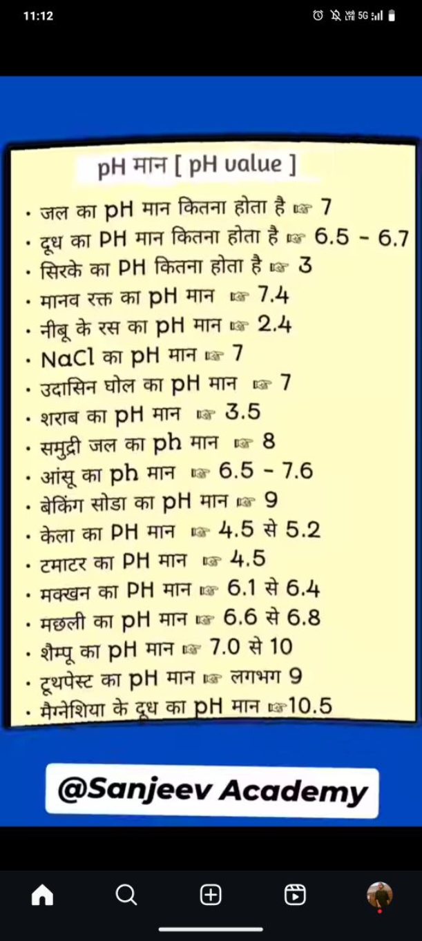 11:12
pH मान [ pH value ]
- जल का pH मान कितना होता है 7
- दूध का PH म