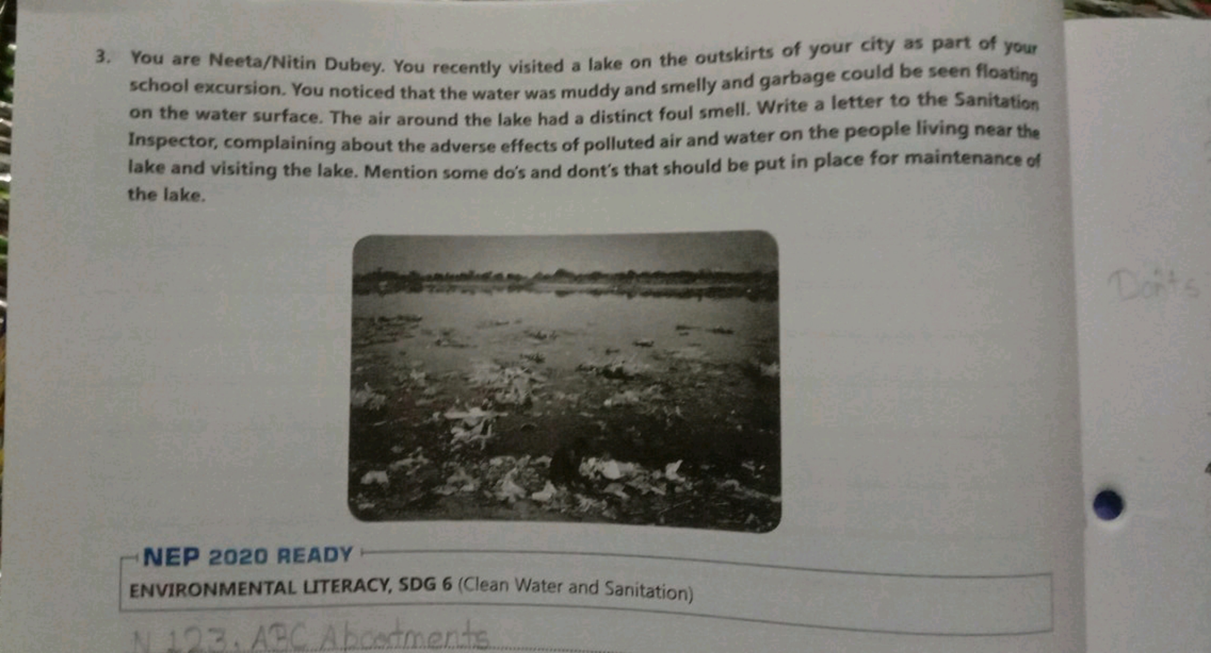 3. You are Neeta/Nitin Dubey. You recently visited a lake on the outsk