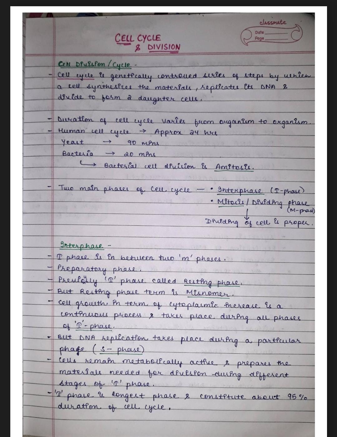 classmate
CELL CYCLE
Date
Page
\& DIVISION
Cetus Division/Cycle.
- Cel