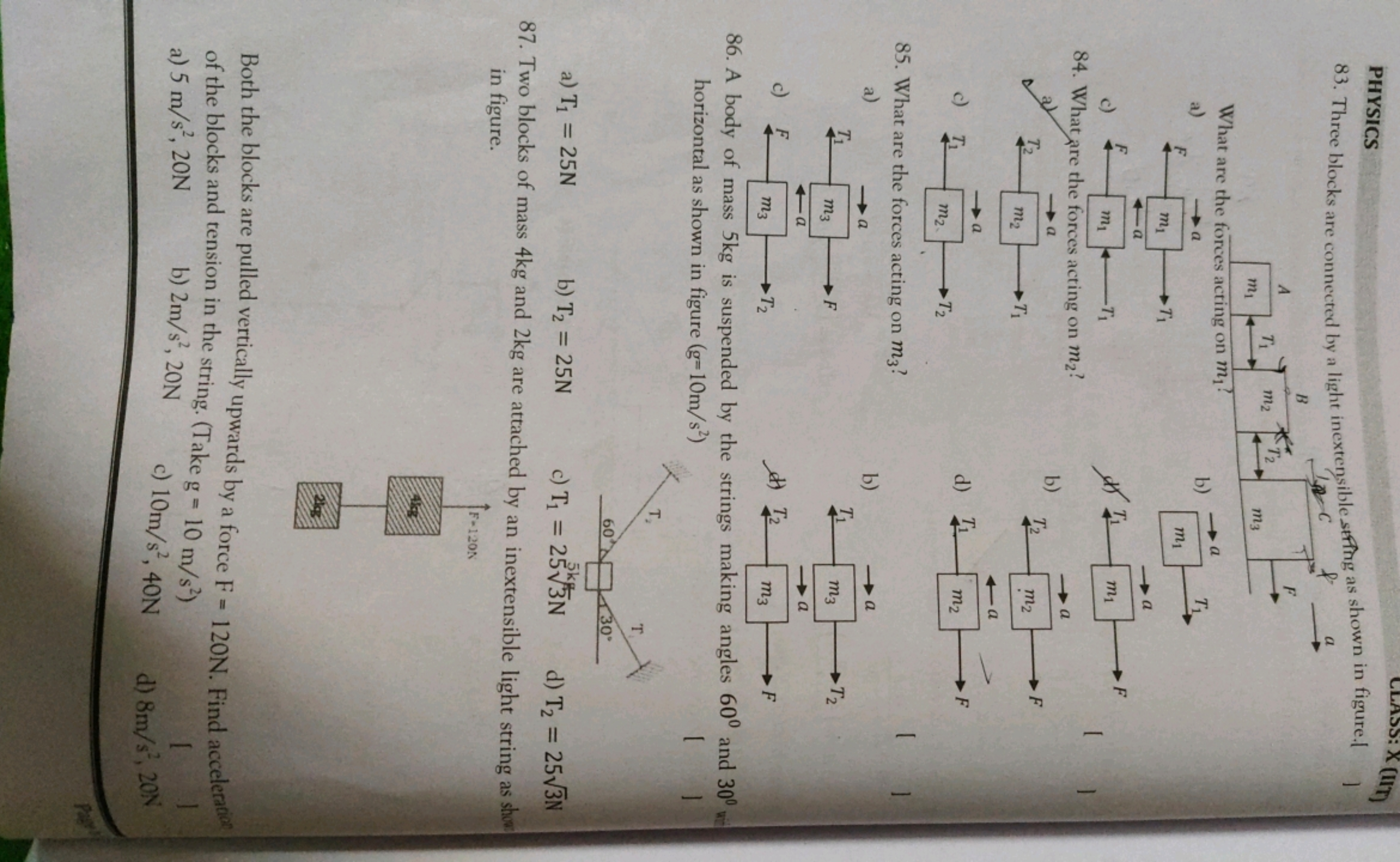 PHYSICS
83. Three blocks are connected by a light inextensible sting a