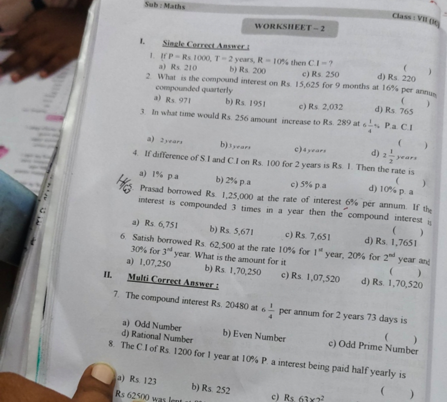 Sub: Maths

WORKSHEET - 2
Class : VII (IC
WORKSHEET - 2
I. Single Corr